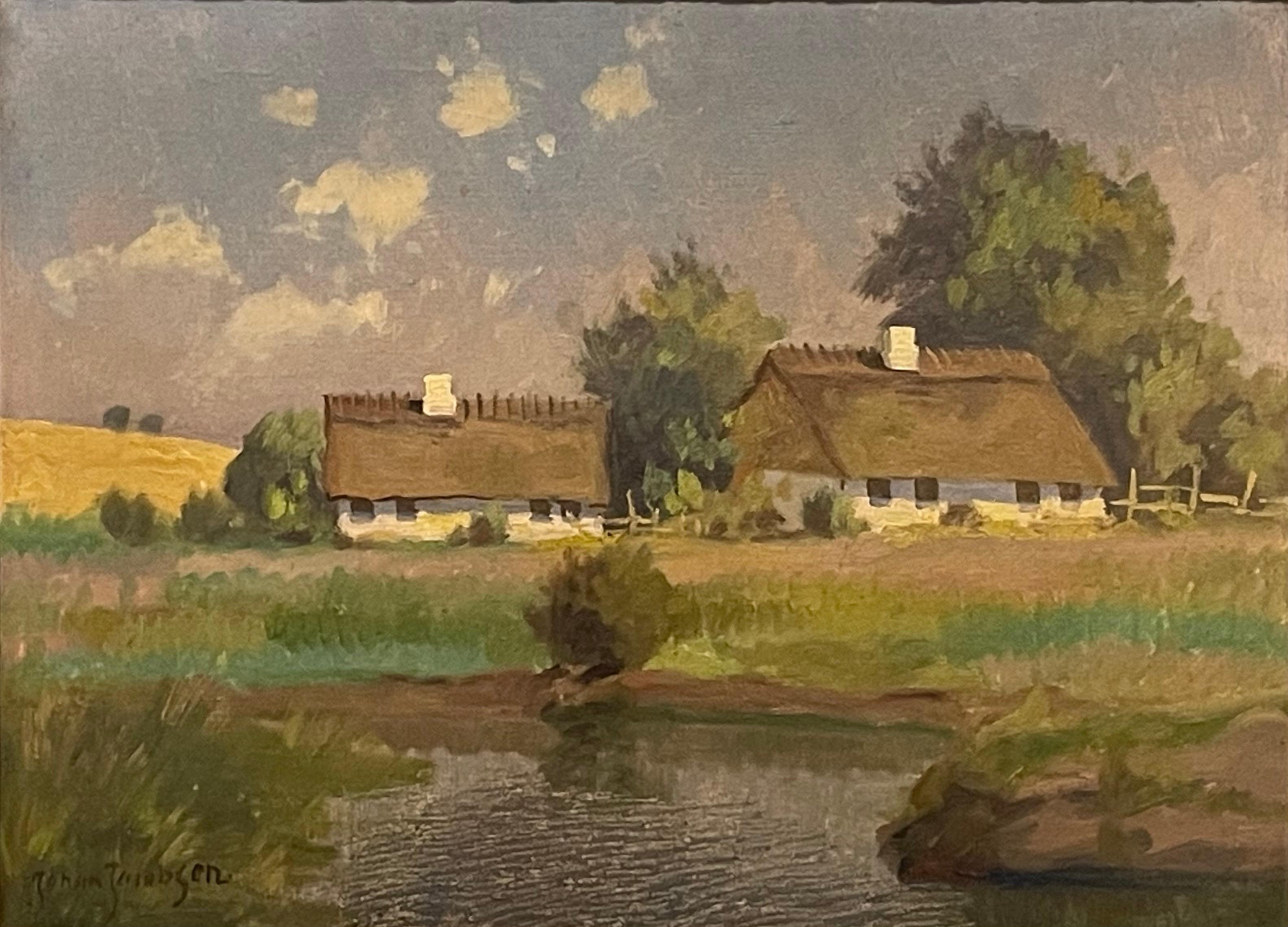 This is an original antique oil on canvas landscape painting estimated to be from the 1920s.

The painting is signed by the artist in the lower left corner and framed in a gold painted wooden frame.

Good vintage condition. It has wear from age in