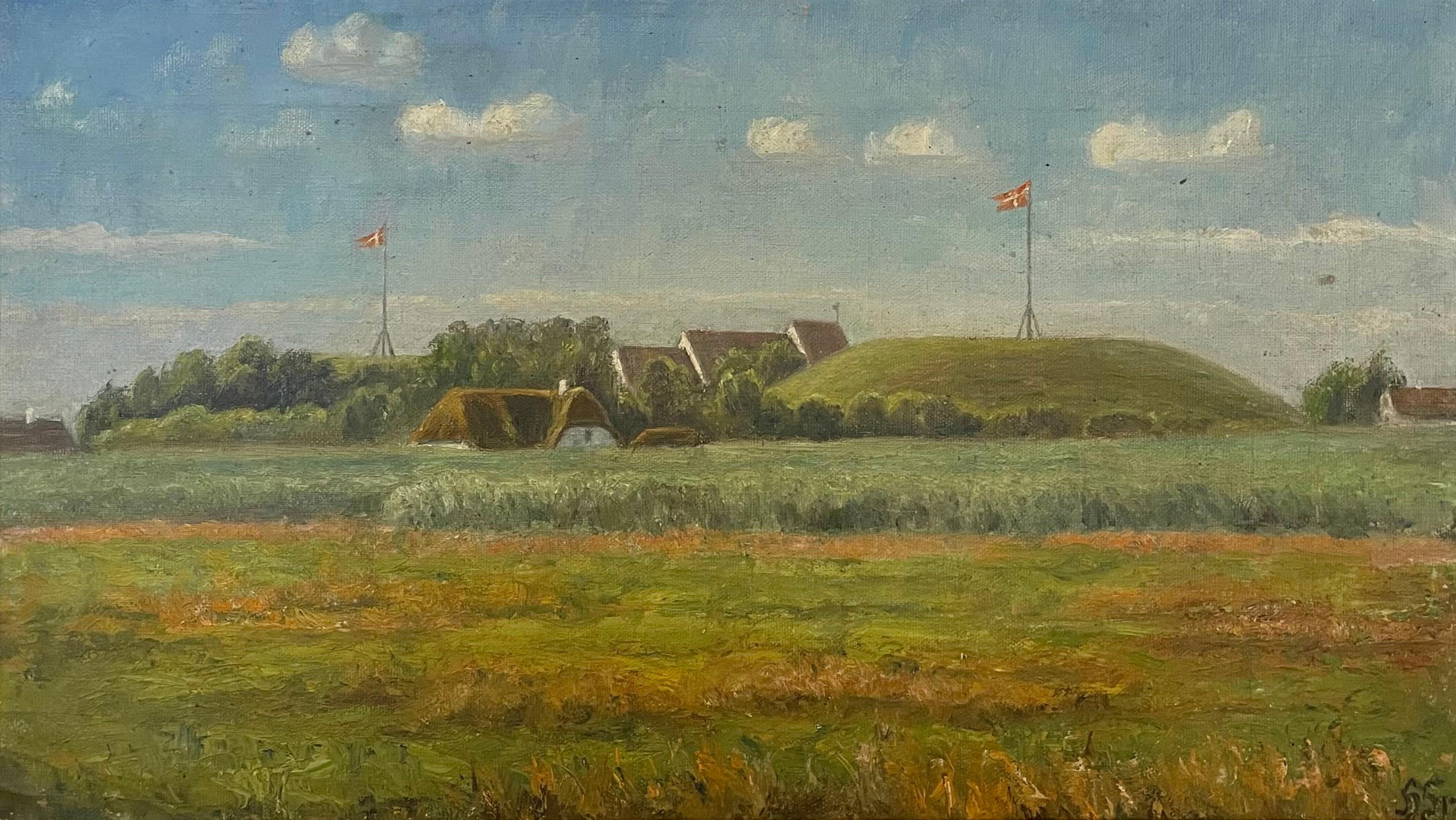 Danish original antique oil on canvas painting with landscape motive of small village with Danish flags.

The painting is signed by the artist in the lower right corner and framed in a gold painted wooden frame. It is vaguely signed and dated -