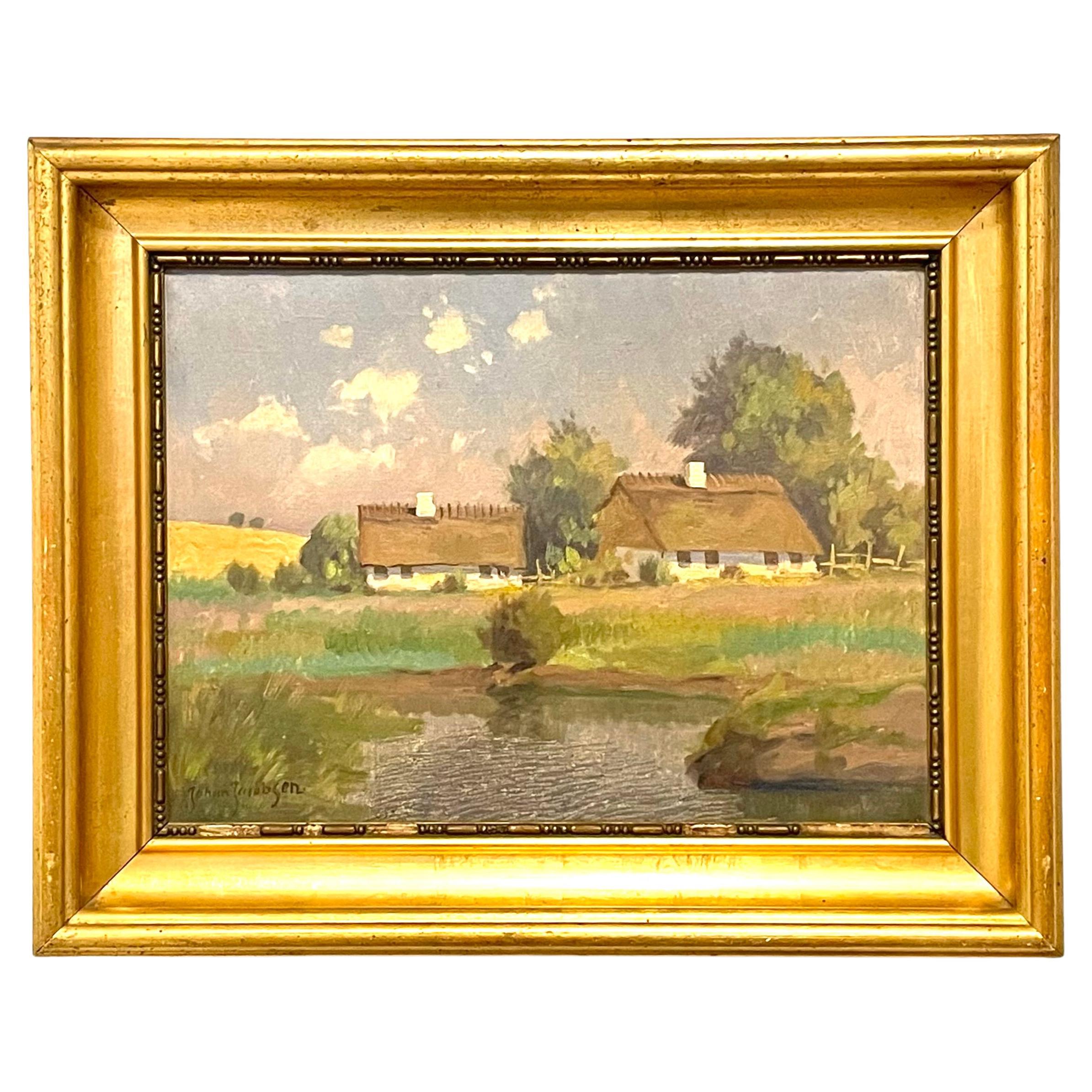 Antico dipinto ad olio di paesaggio dell'inizio del XX secolo proveniente dalla Danimarca