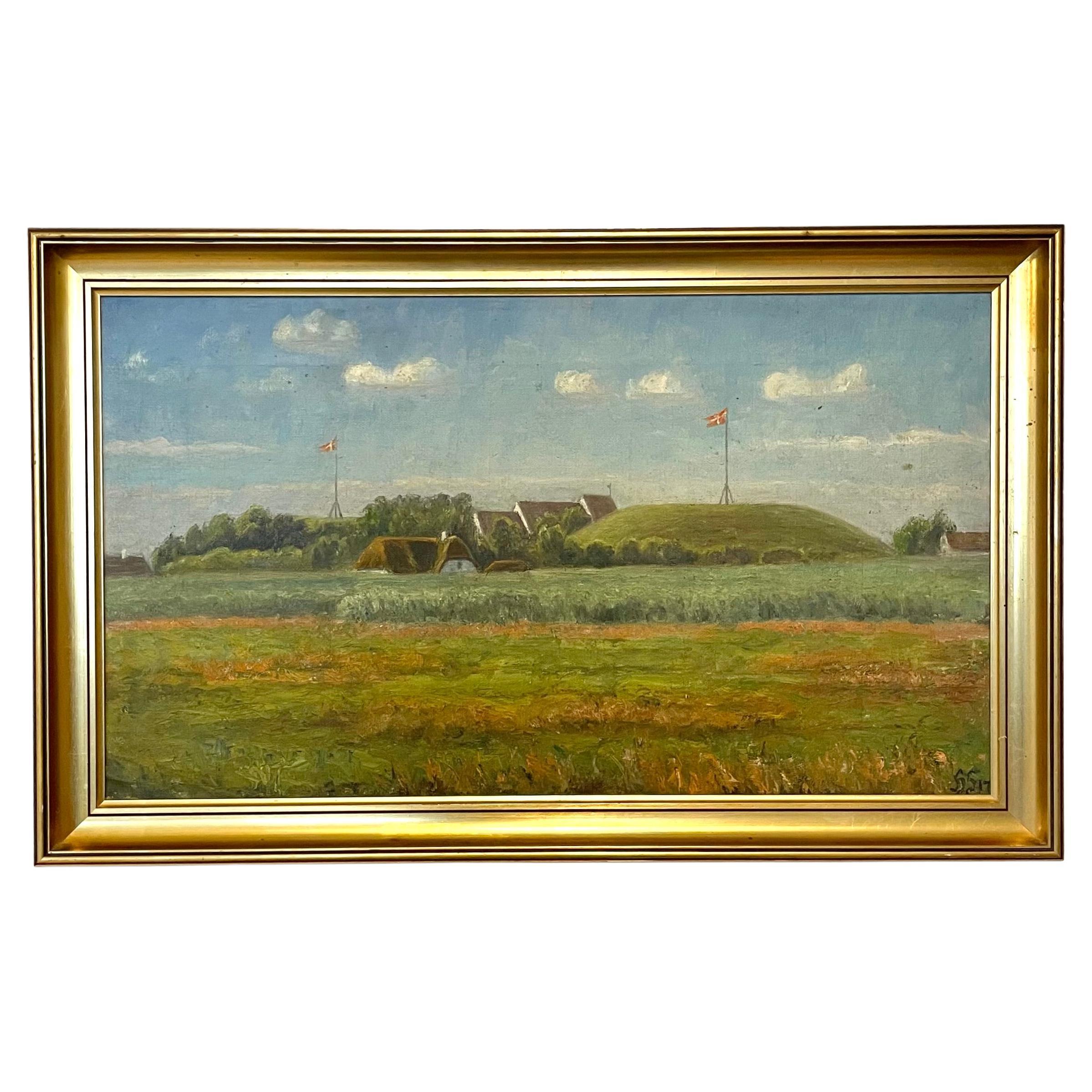 Antico dipinto ad olio di paesaggio dell'inizio del XX secolo proveniente dalla Danimarca