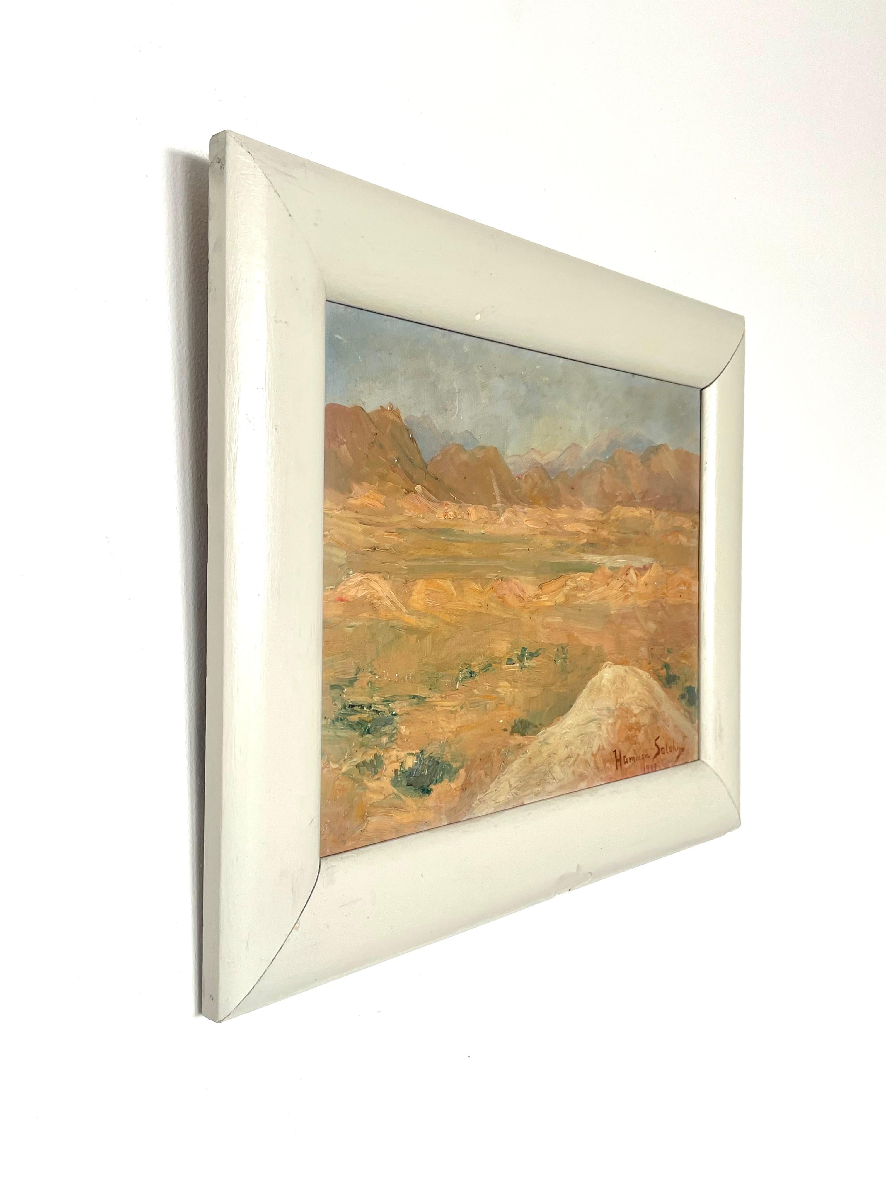 Antique early 20th century landscape oil painting of desert landscape in vendita 4