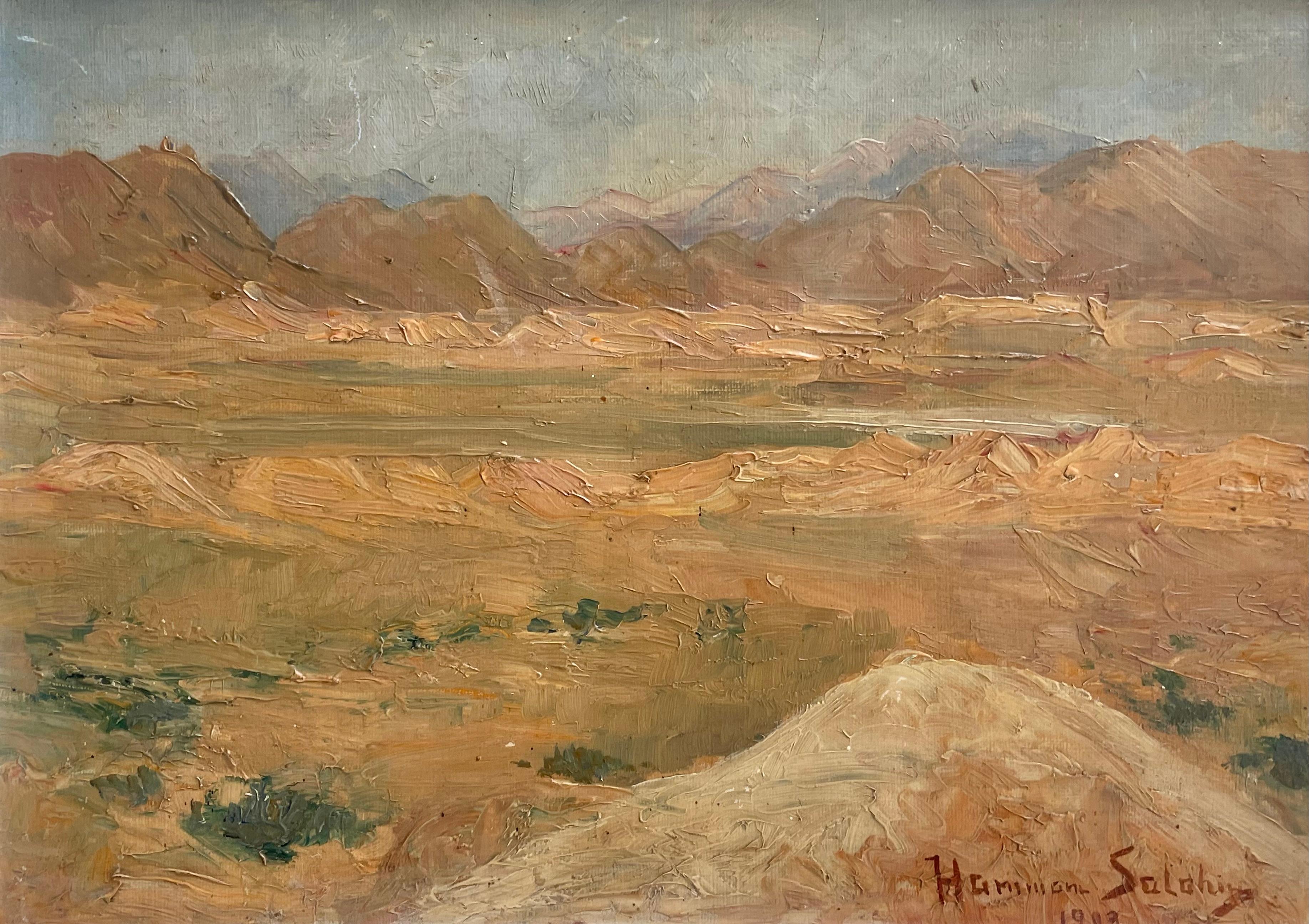 Art Déco Antique early 20th century landscape oil painting of desert landscape in vendita