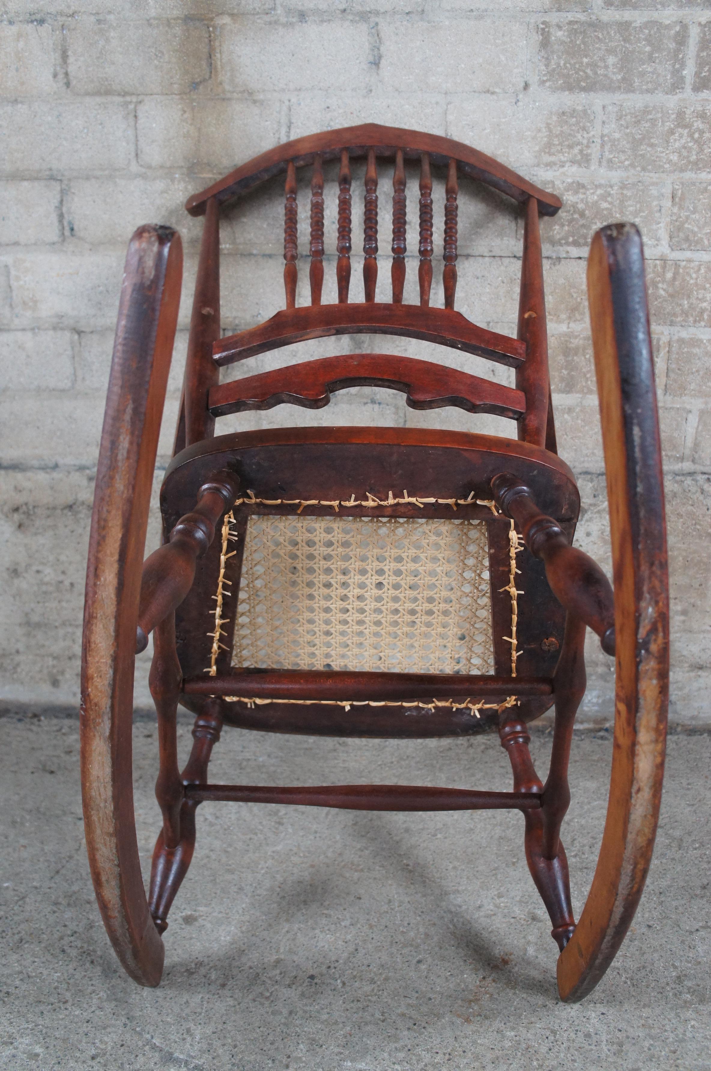 Antique Early 20th Century Maple Farmhouse Spindleback Rocking Chair Cane Seat 8