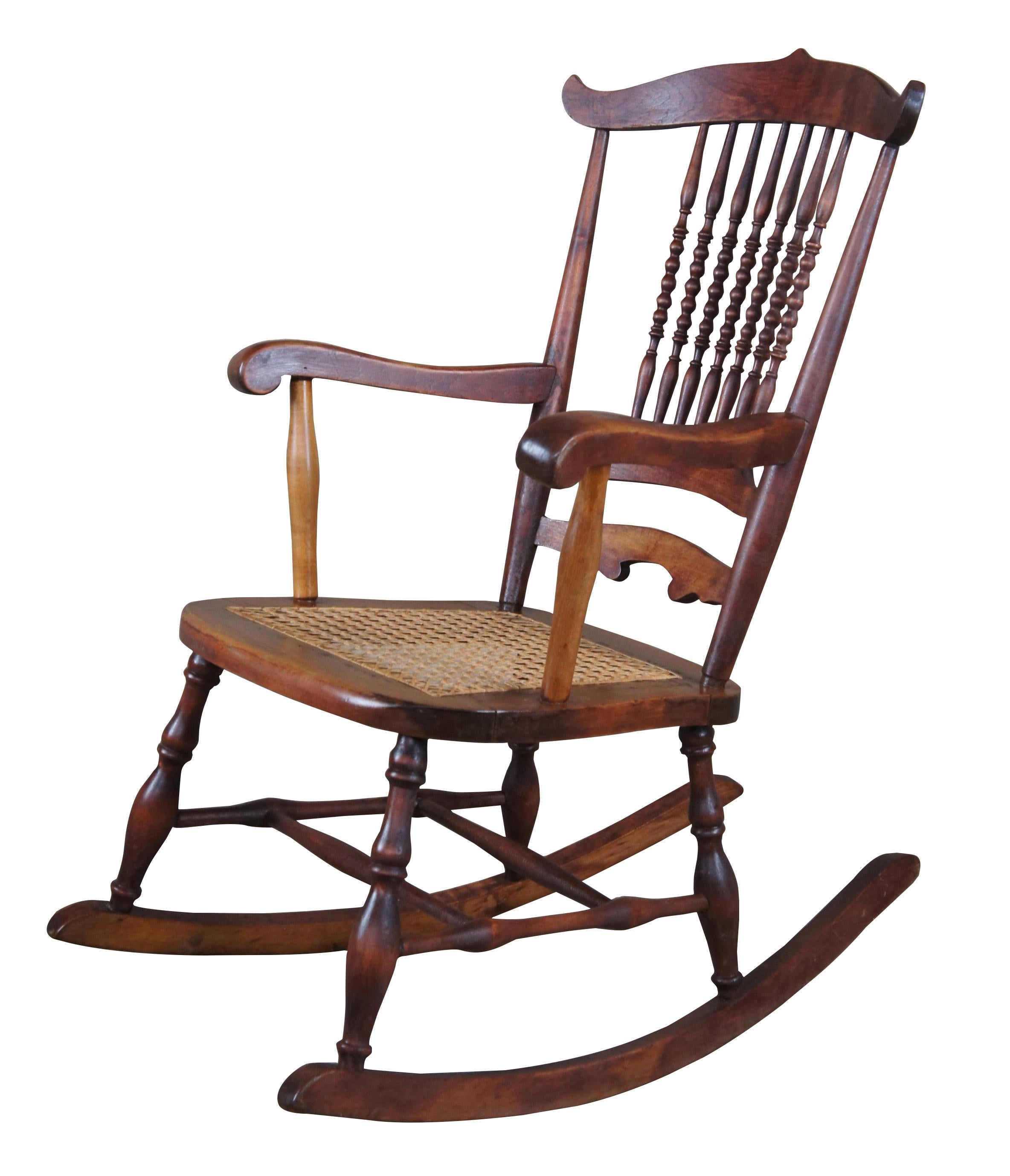 Country Antique Early 20th Century Maple Farmhouse Spindleback Rocking Chair Cane Seat