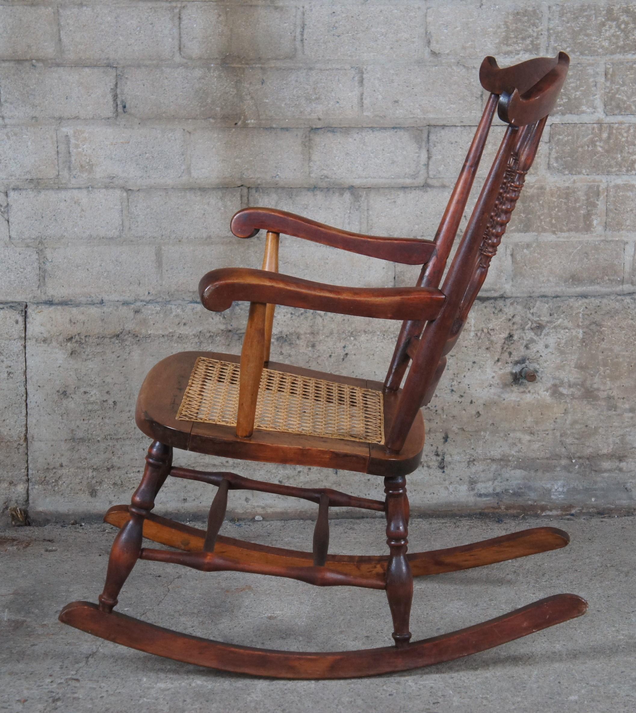 Antique Early 20th Century Maple Farmhouse Spindleback Rocking Chair Cane Seat In Good Condition In Dayton, OH