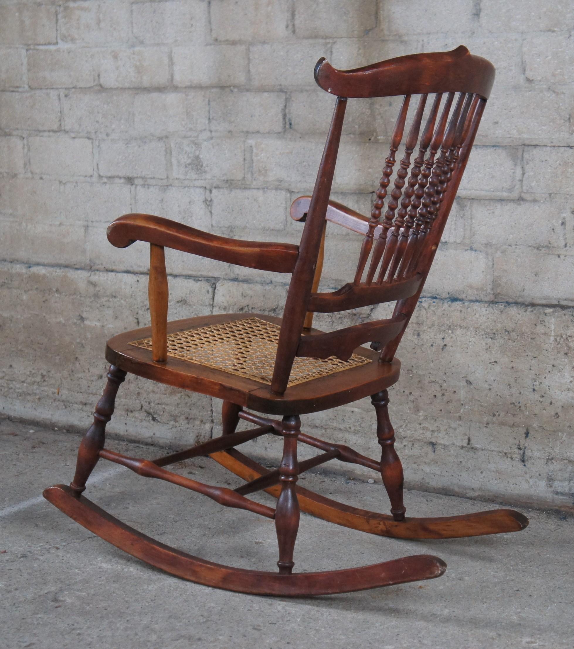 Antique Early 20th Century Maple Farmhouse Spindleback Rocking Chair Cane Seat 1