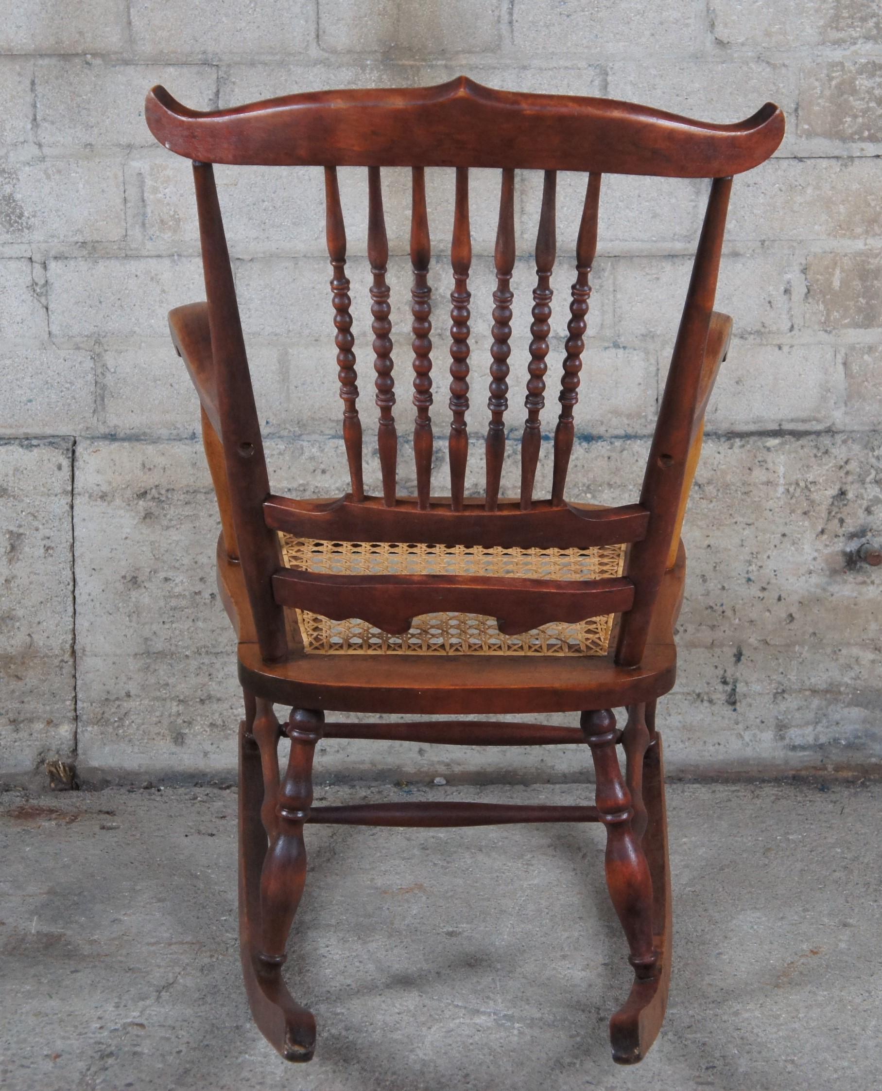 Antique Early 20th Century Maple Farmhouse Spindleback Rocking Chair Cane Seat 2