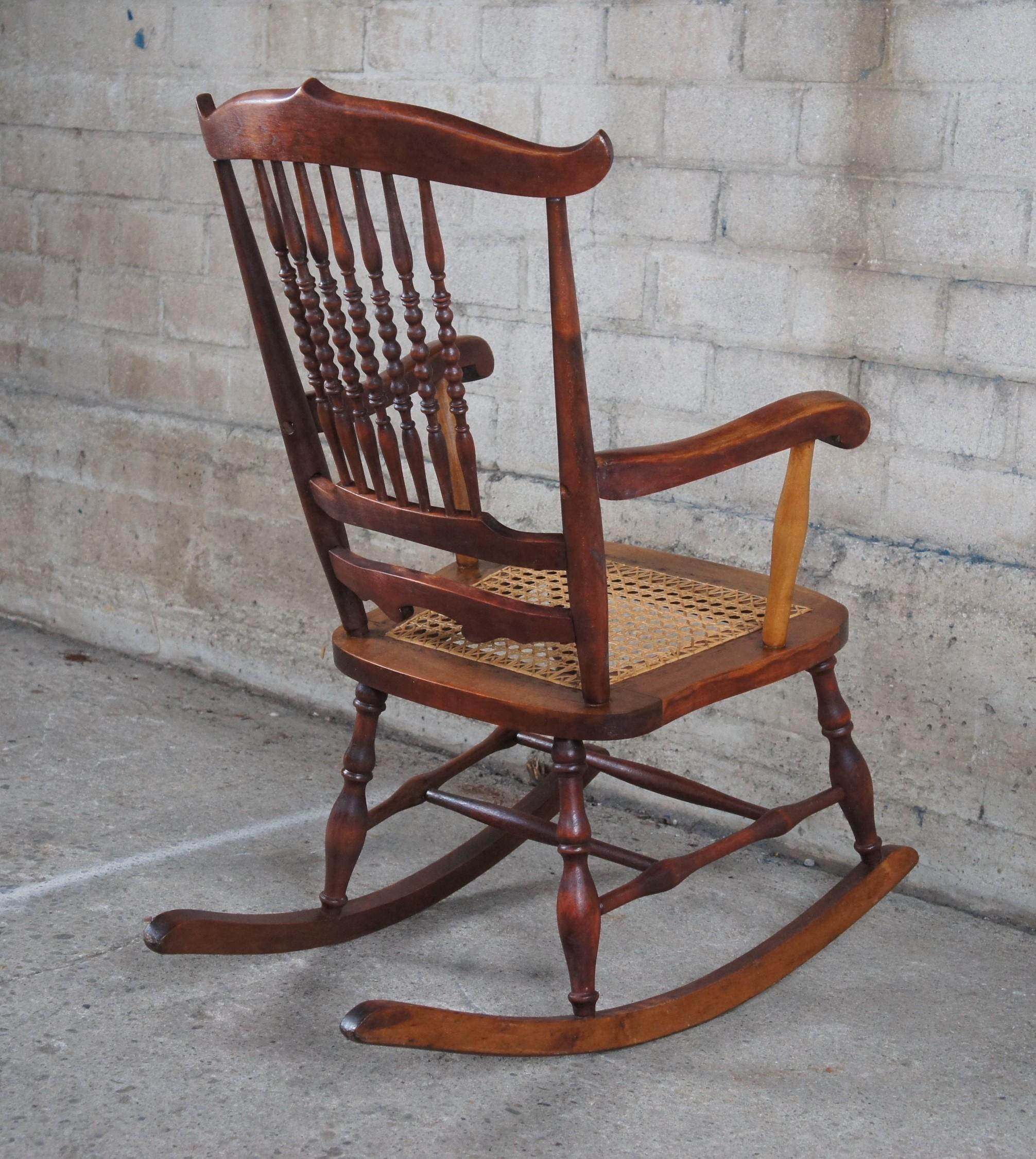 Antique Early 20th Century Maple Farmhouse Spindleback Rocking Chair Cane Seat 3
