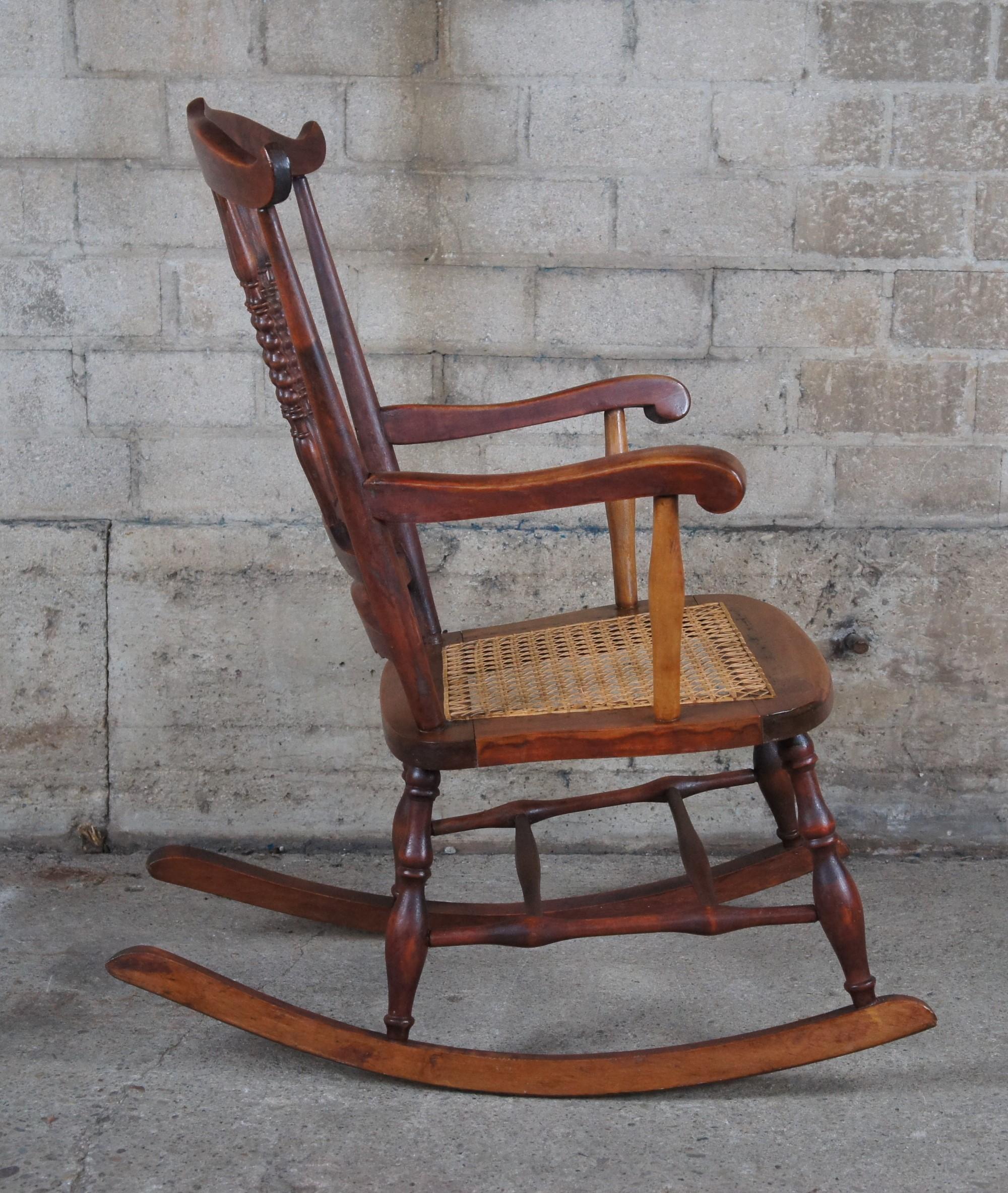 Antique Early 20th Century Maple Farmhouse Spindleback Rocking Chair Cane Seat 4