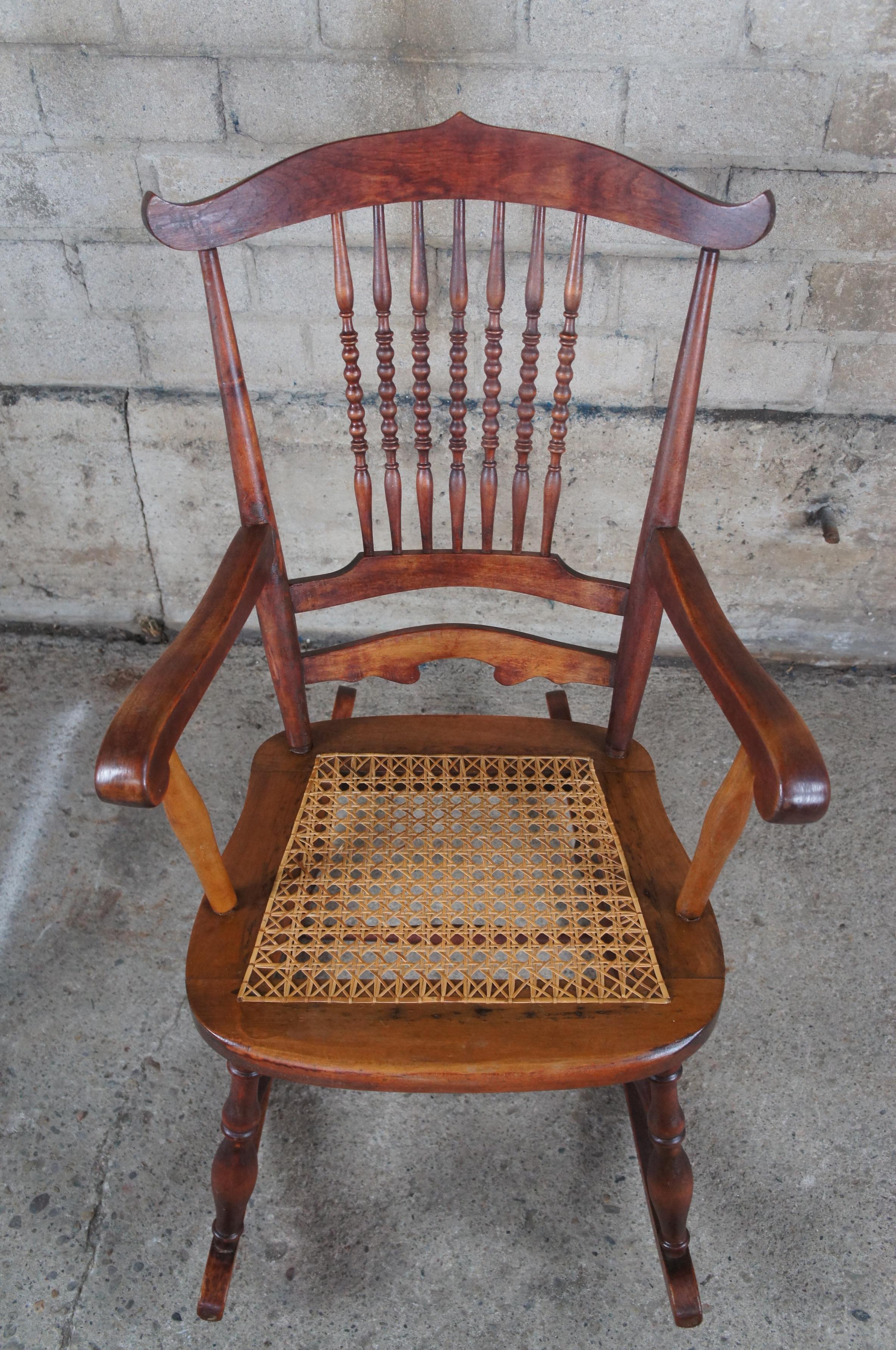 Antique Early 20th Century Maple Farmhouse Spindleback Rocking Chair Cane Seat 5