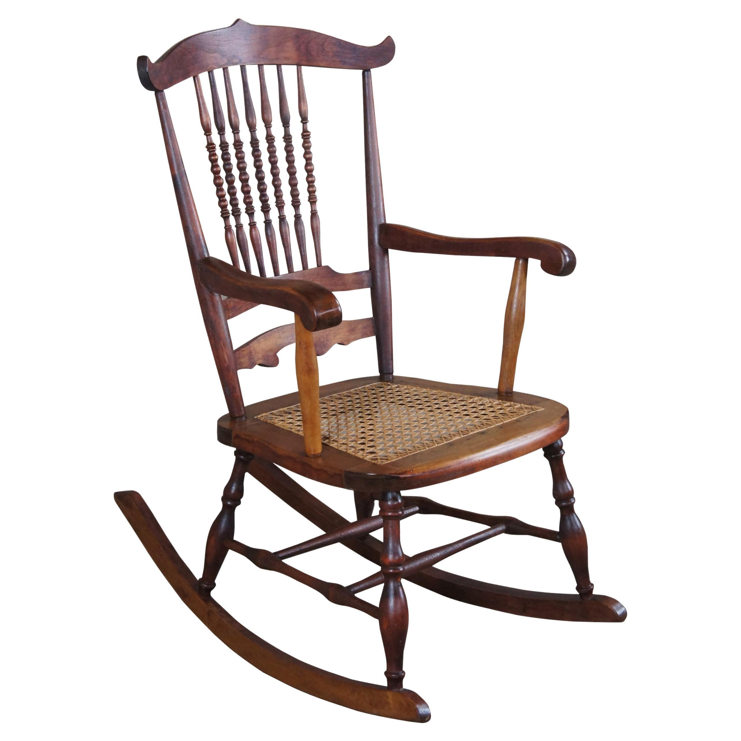 Antique Early 20th Century Maple Farmhouse Spindleback Rocking Chair Cane Seat