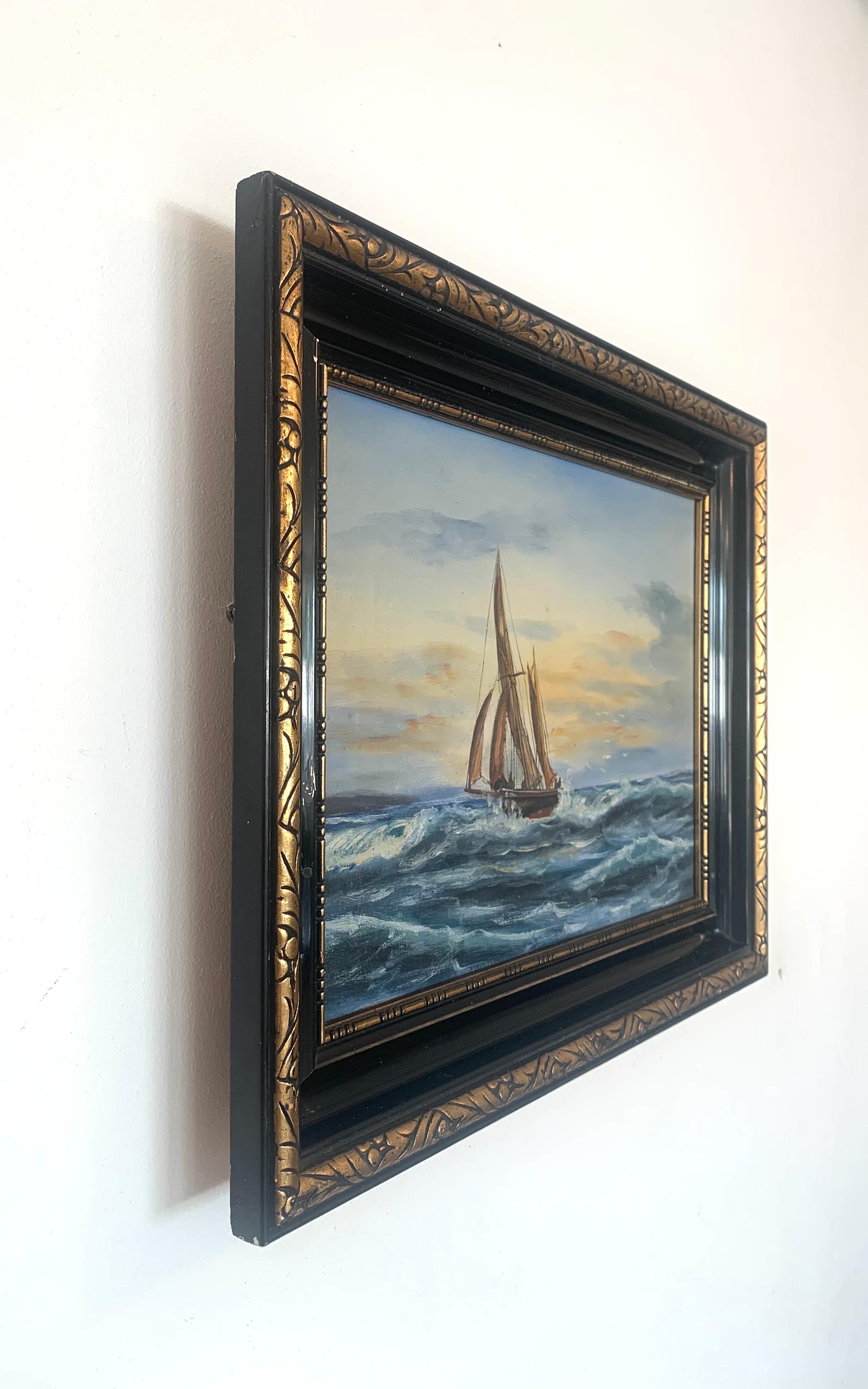 Antikes Gemälde mit einem Segelboot aus dem frühen 20. Jahrhundert, Öl auf Leinwand, Ölgemälde (Art déco) im Angebot
