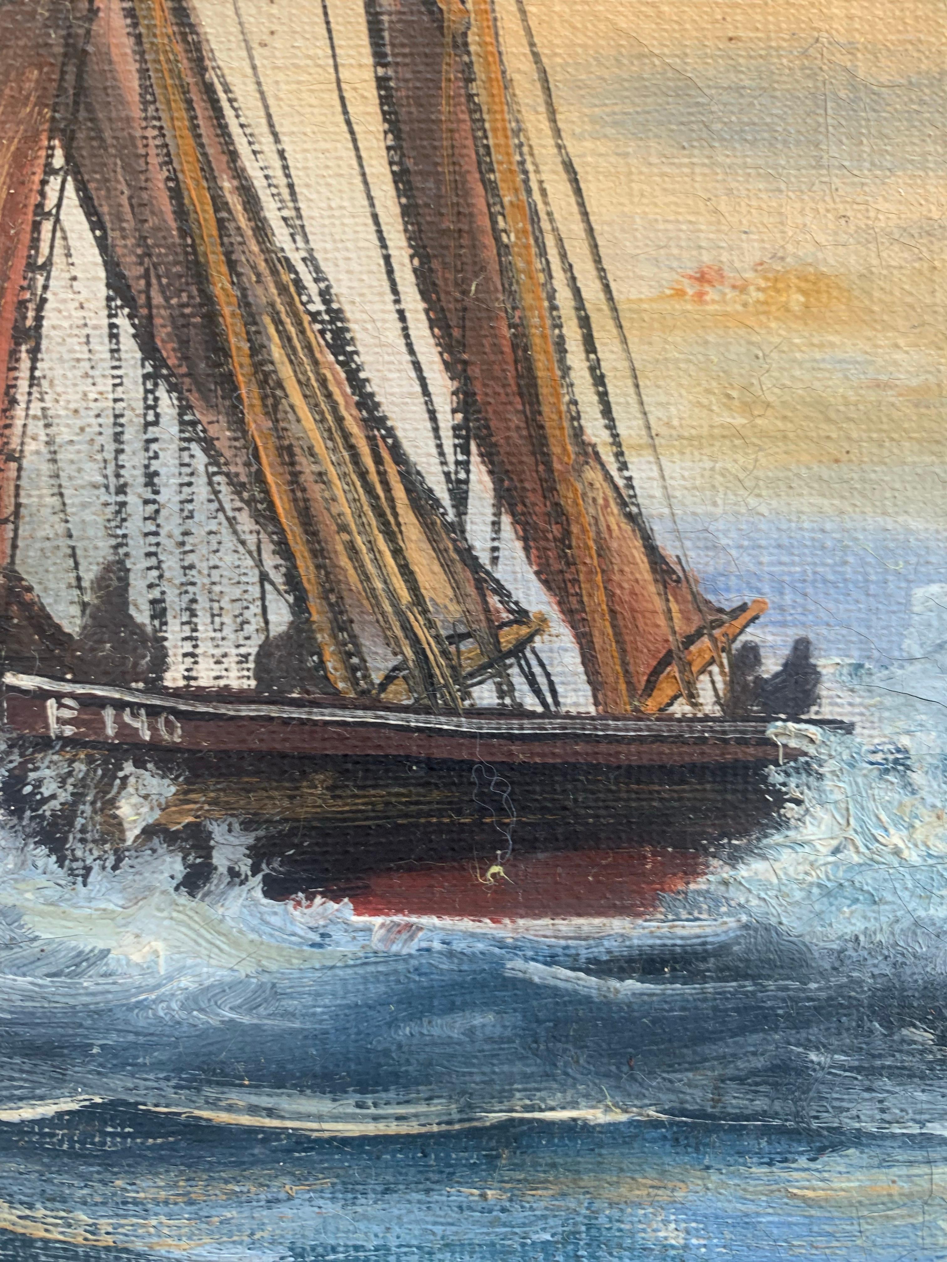 Antikes Gemälde mit einem Segelboot aus dem frühen 20. Jahrhundert, Öl auf Leinwand, Ölgemälde (Dänisch) im Angebot
