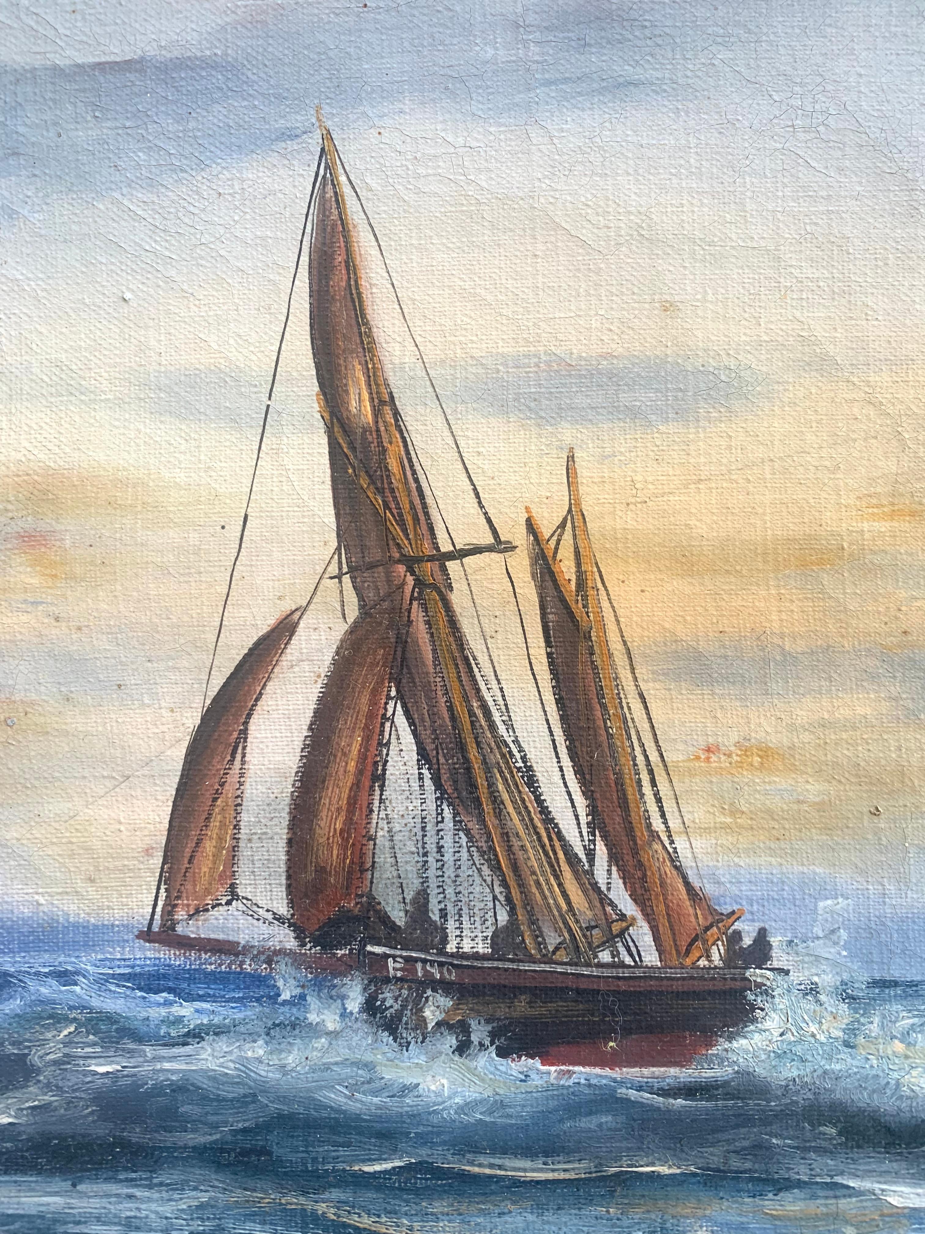 Antikes Gemälde mit einem Segelboot aus dem frühen 20. Jahrhundert, Öl auf Leinwand, Ölgemälde (Handbemalt) im Angebot