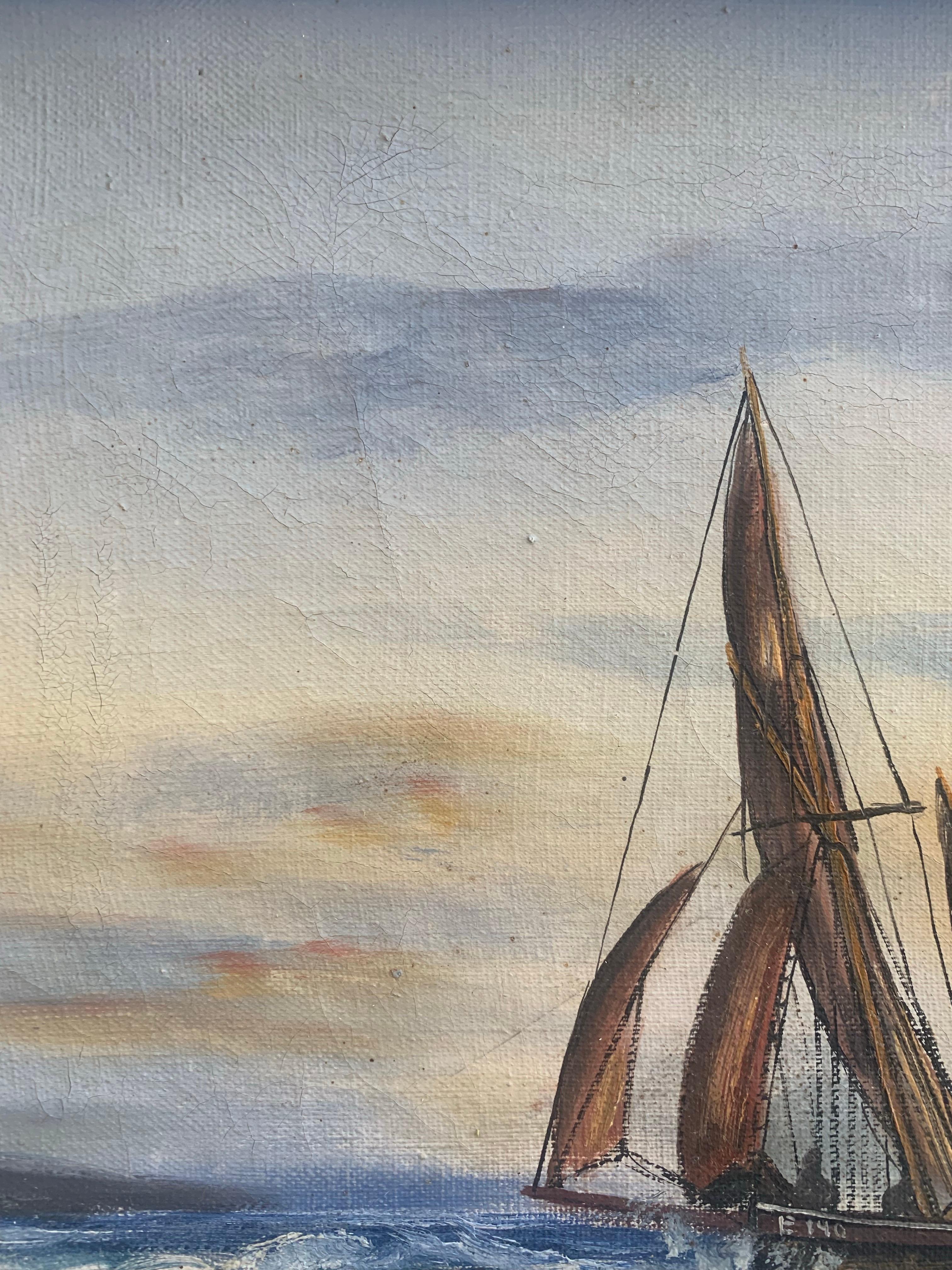 Antikes Gemälde mit einem Segelboot aus dem frühen 20. Jahrhundert, Öl auf Leinwand, Ölgemälde (Farbe) im Angebot