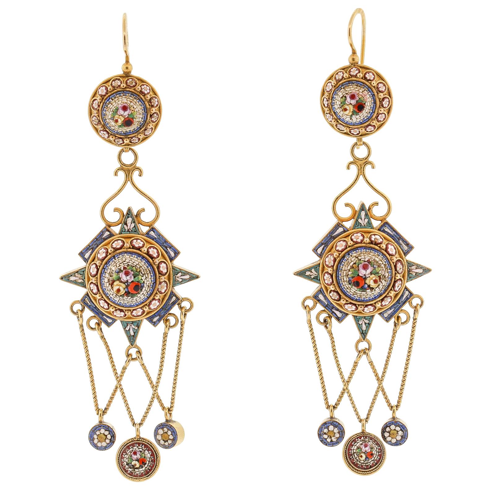 Antique Early 20th Century Micromosaic 14 Karat Gold Pendant Earrings