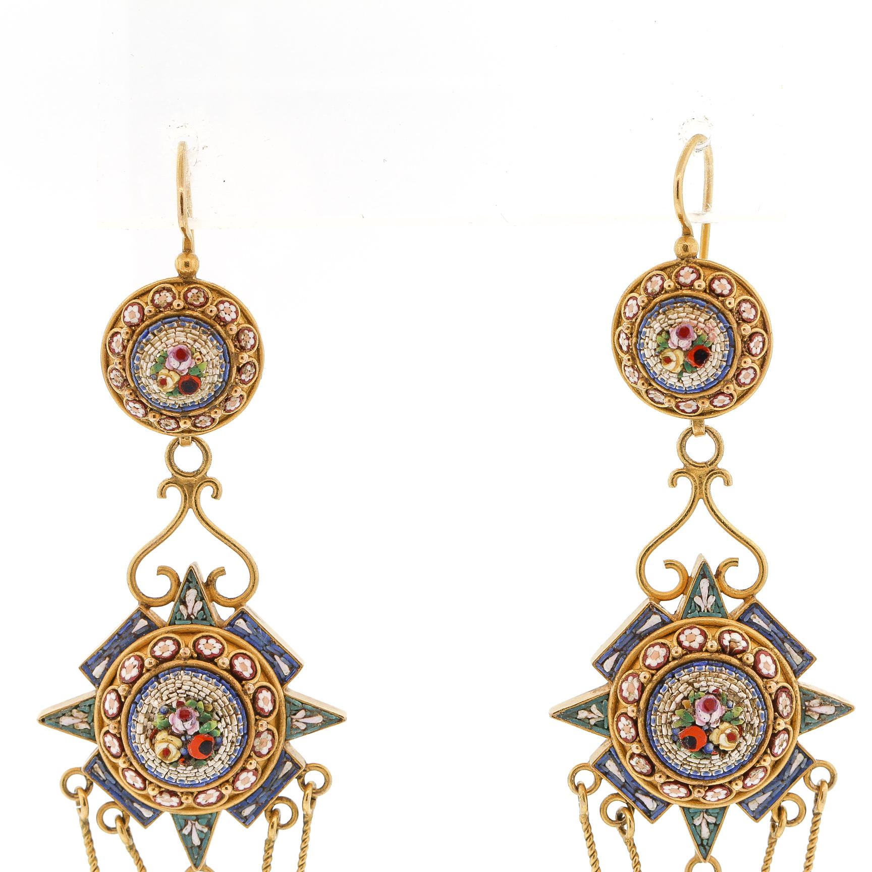 Romantic Antique Early 20th Century Micromosaic 14 Karat Gold Pendant Earrings