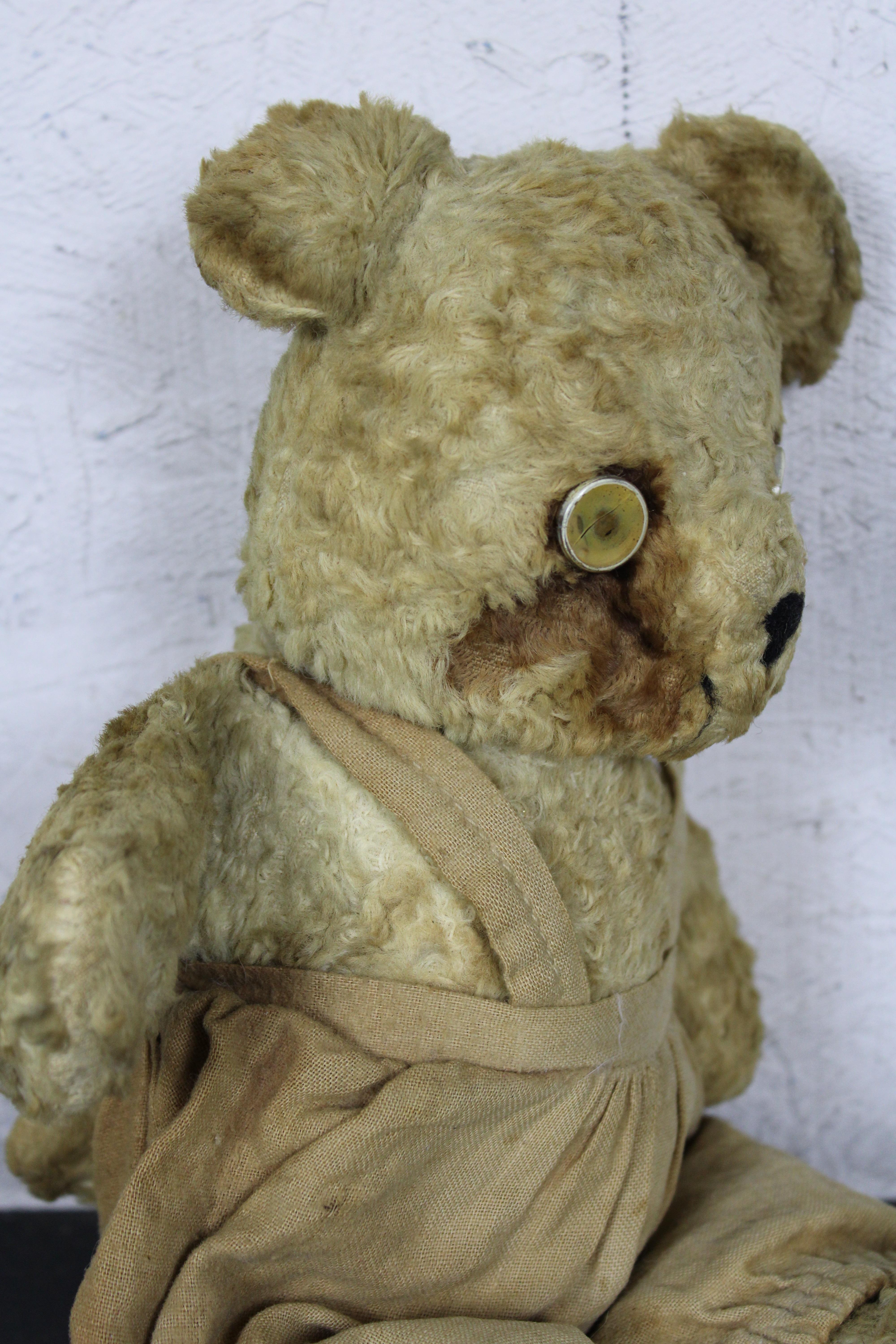 Antique Early 20th Century Mohair Jointed Teddy Bear in Overalls Bells in Ears 3