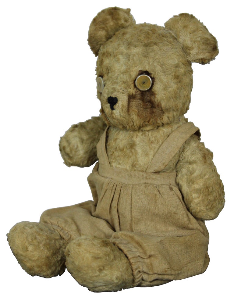 Antique Early 20th Century Mohair Jointed Teddy Bear in Overalls Bells in  Ears For Sale at 1stDibs
