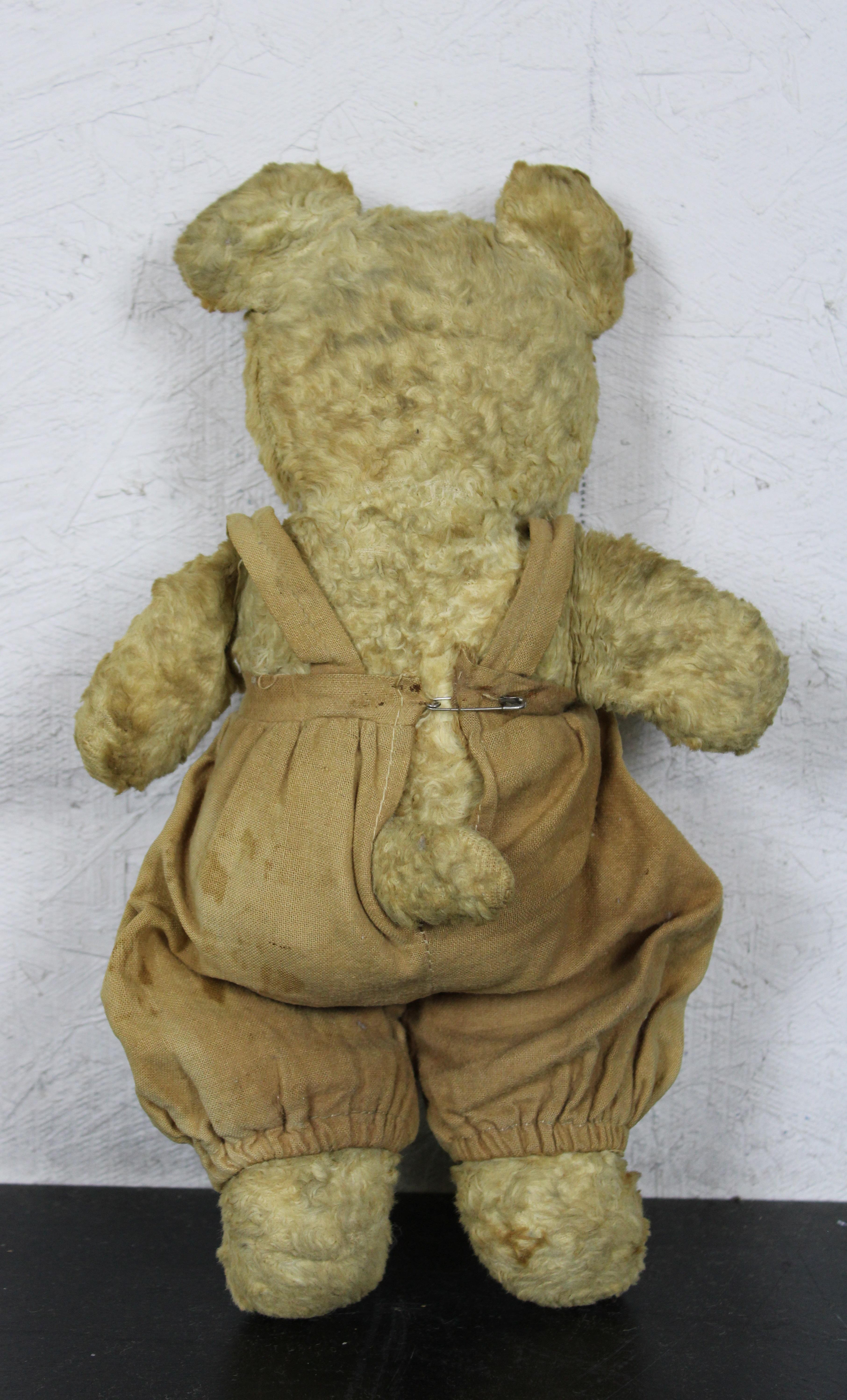 Antique Early 20th Century Mohair Jointed Teddy Bear in Overalls Bells in Ears In Good Condition In Dayton, OH