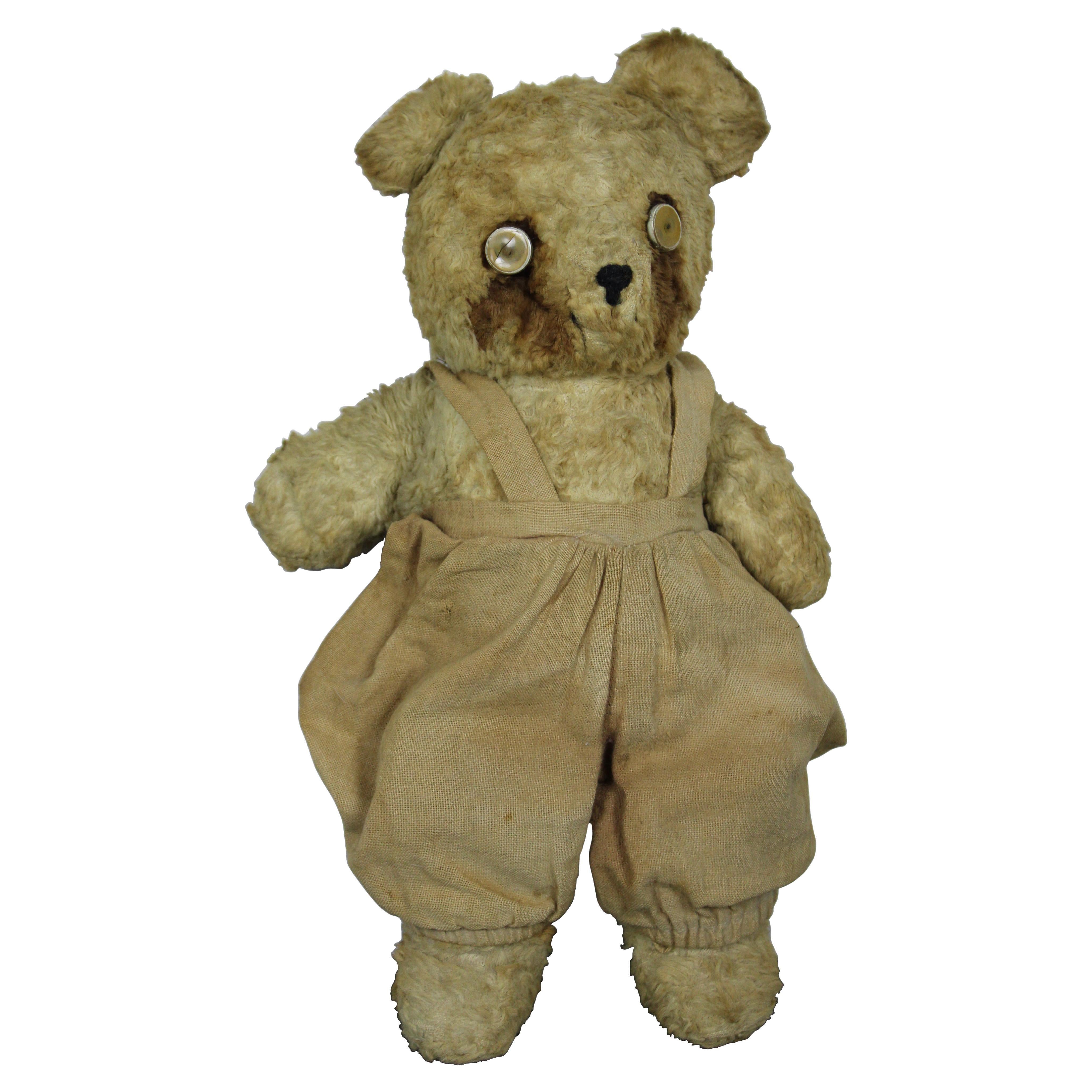 Antique Early 20th Century Mohair Jointed Teddy Bear in Overalls Bells in Ears