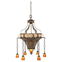 Antique early 20th century monumental large brass and glass centerpiece lamp