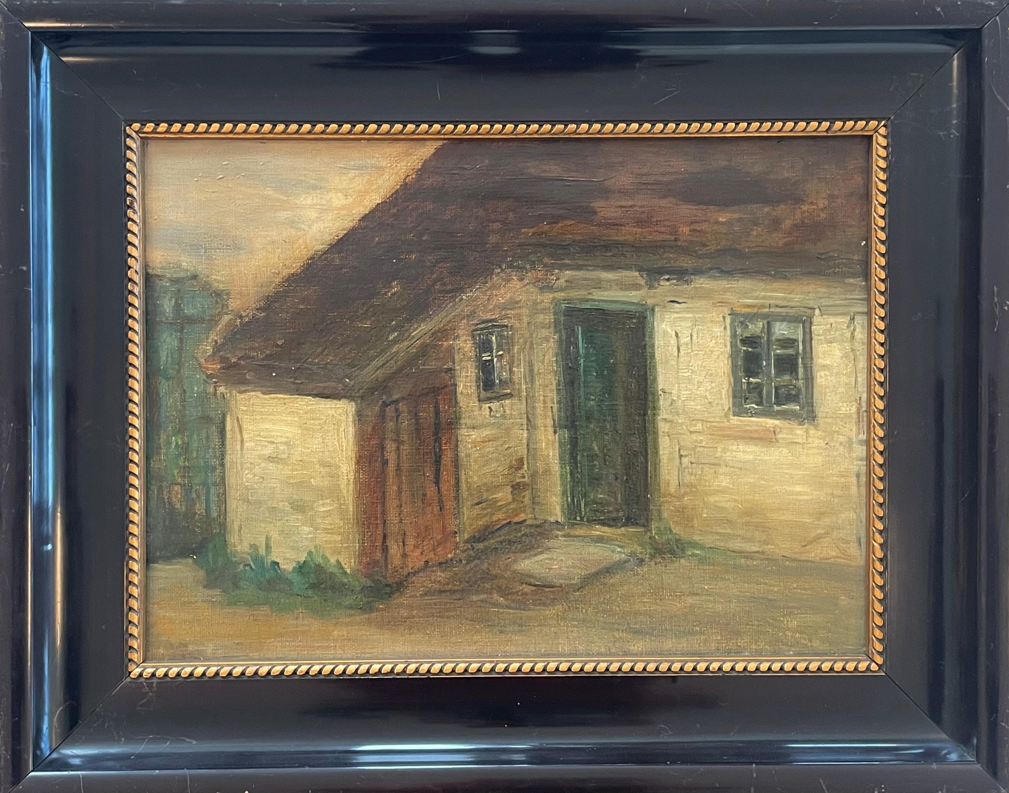 Atmospheric antique oil painting showing a small house and what appears to be the back door with small windows and an outhouse. All is kept in warm, darkened colours and provides the viewer a glimpse of everyday life at that time.

The painting is