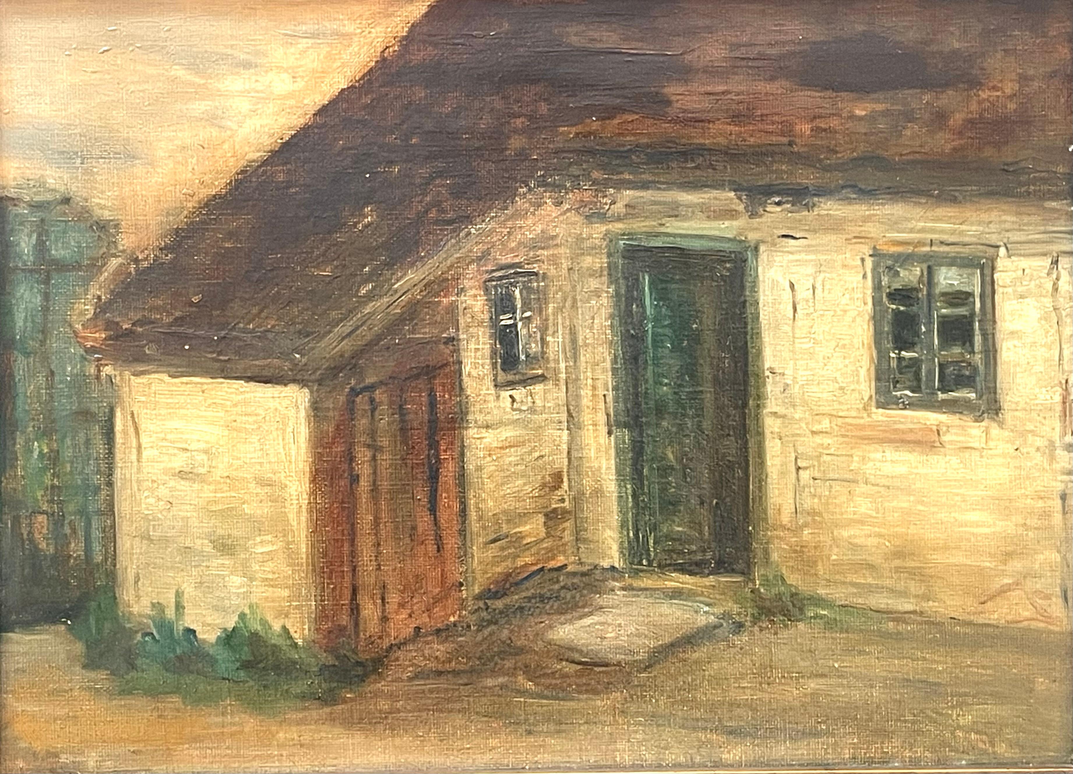 Romantico Antique early 20th century oil on canvas painting of small house in vendita
