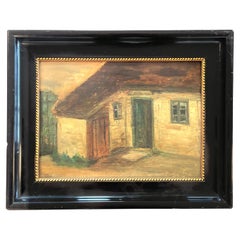 Antique early 20th century oil on canvas painting of small house