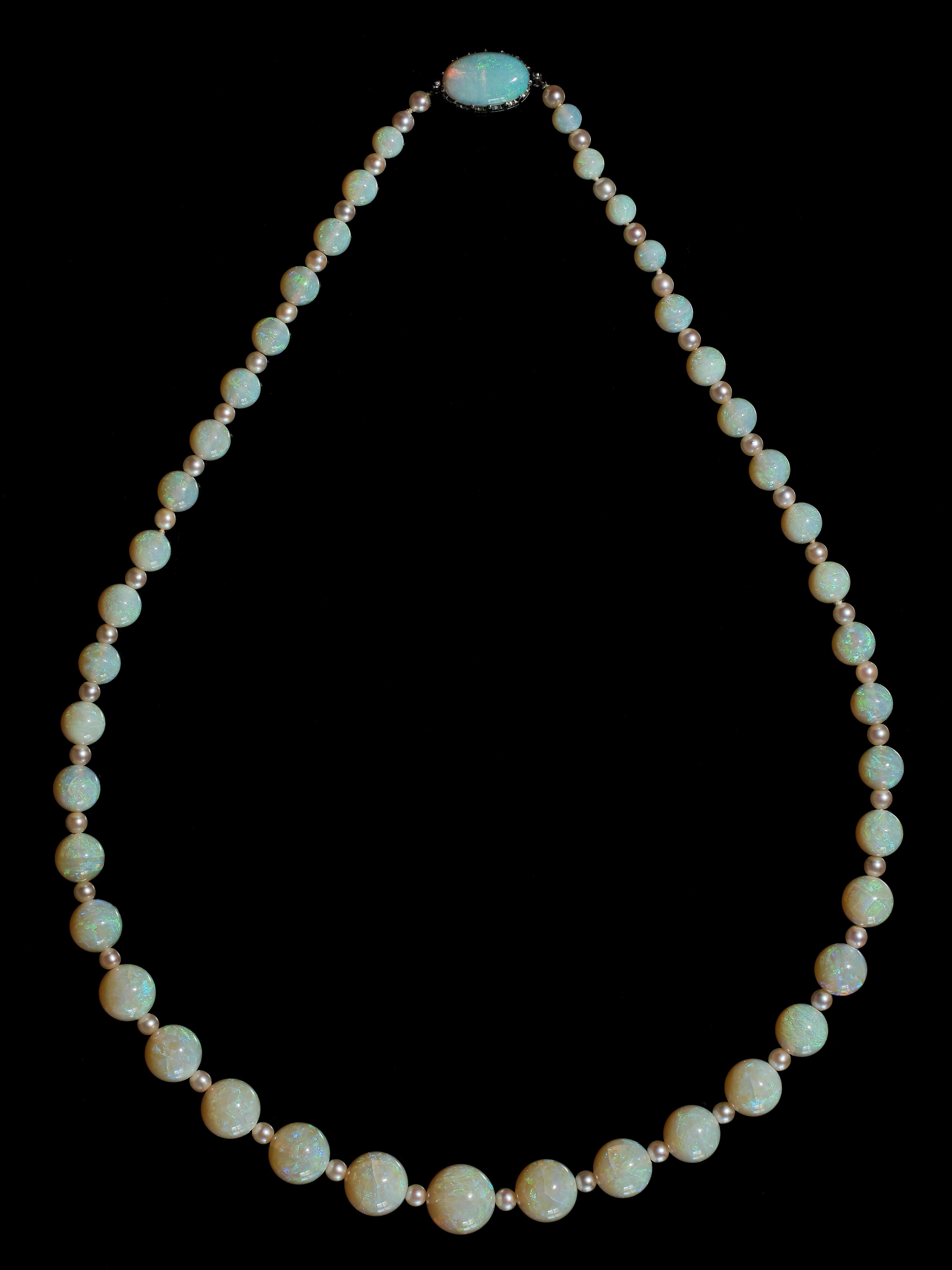 Bead Antique early 20th century opal bead and pearl necklace For Sale