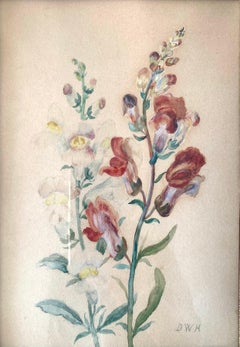 Antique early 20th century original still life red and white floral watercolour