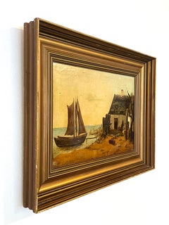 Antique early 20th century painting of coastal landscape with a fisherman's hut