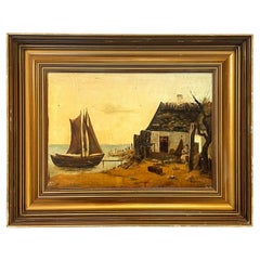 Antique early 20th century painting of coastal landscape with a fisherman's hut