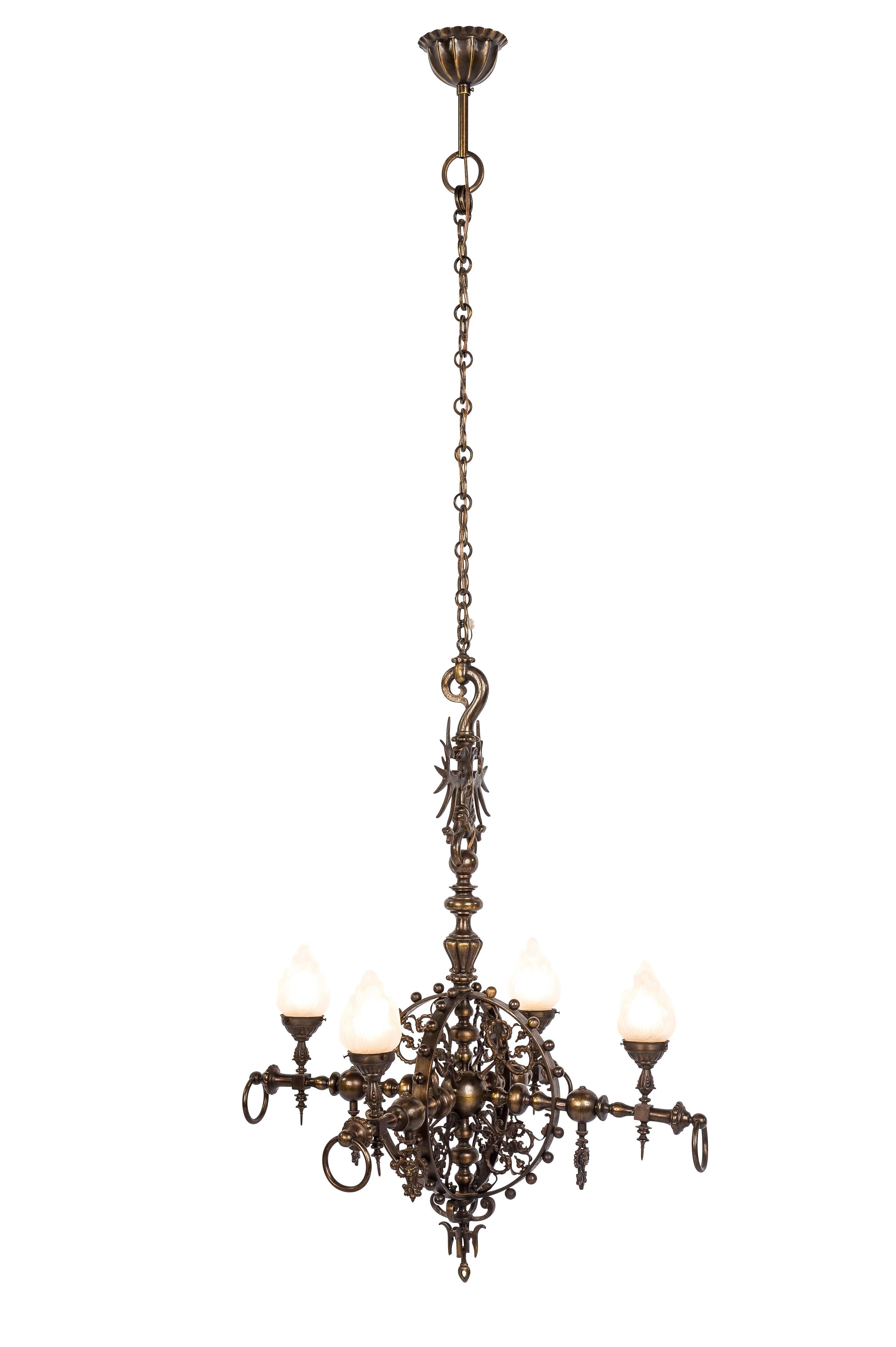 20th Century Antique Early 20th-Century Patinated Brass French Chandelier with Torches