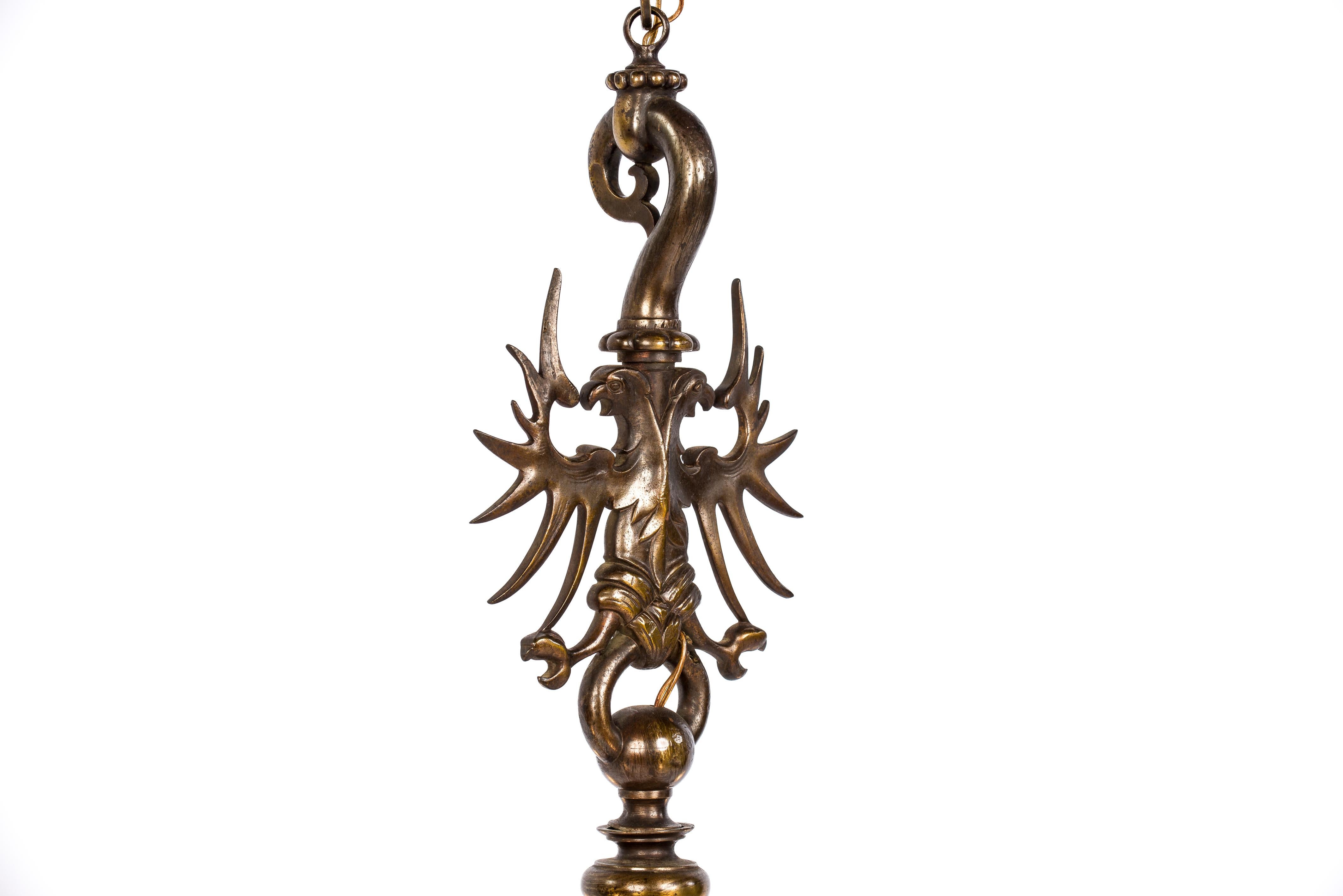 Antique Early 20th-Century Patinated Brass French Chandelier with Torches 1