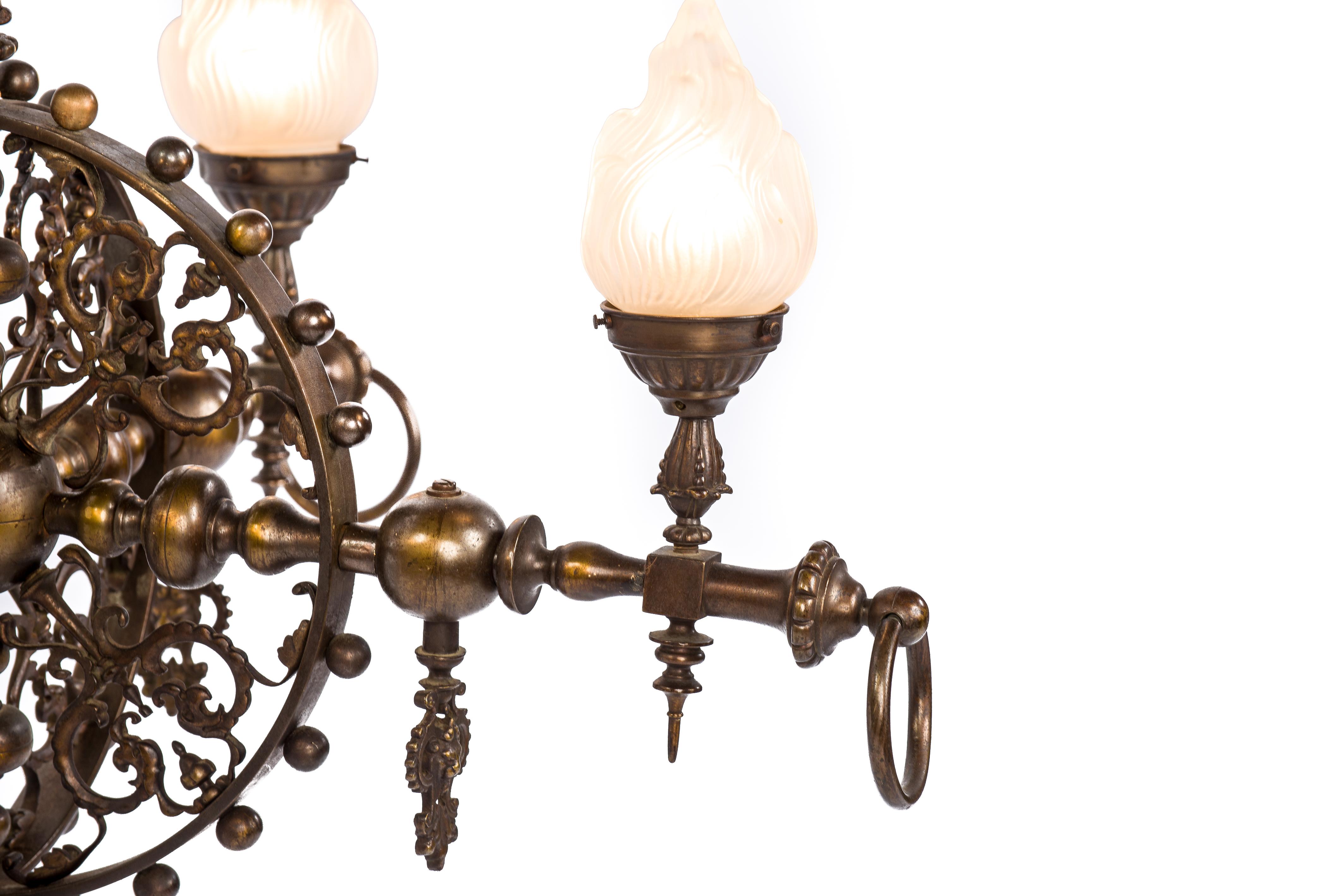 Antique Early 20th-Century Patinated Brass French Chandelier with Torches 3