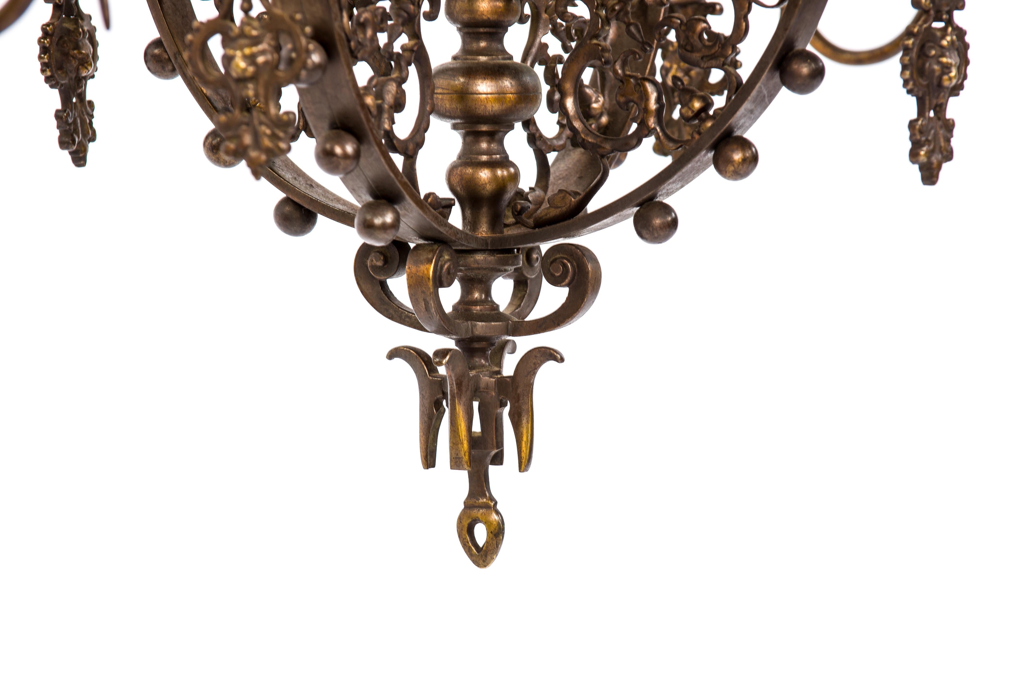 Antique Early 20th-Century Patinated Brass French Chandelier with Torches 4