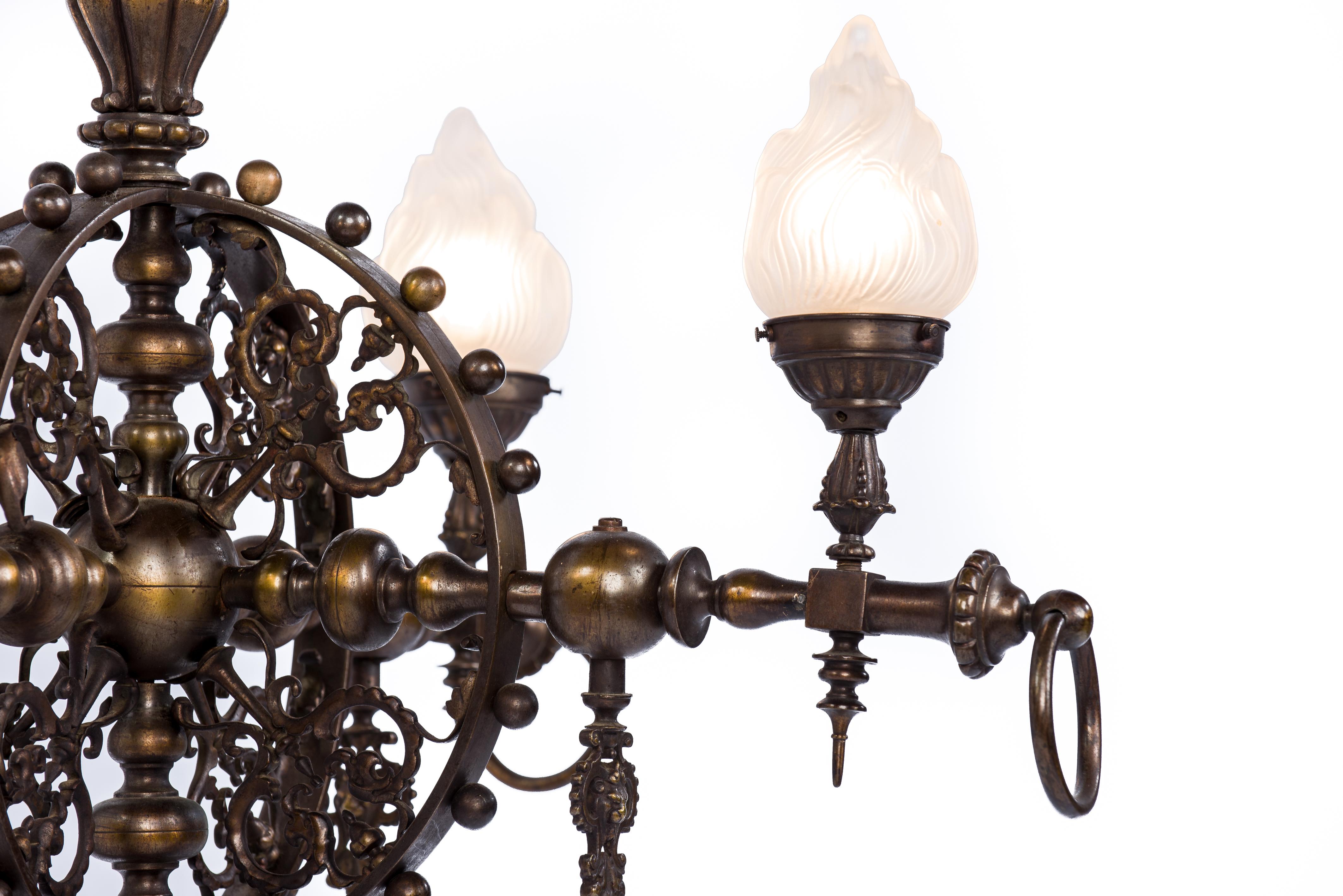 Antique Early 20th-Century Patinated Brass French Chandelier with Torches 5