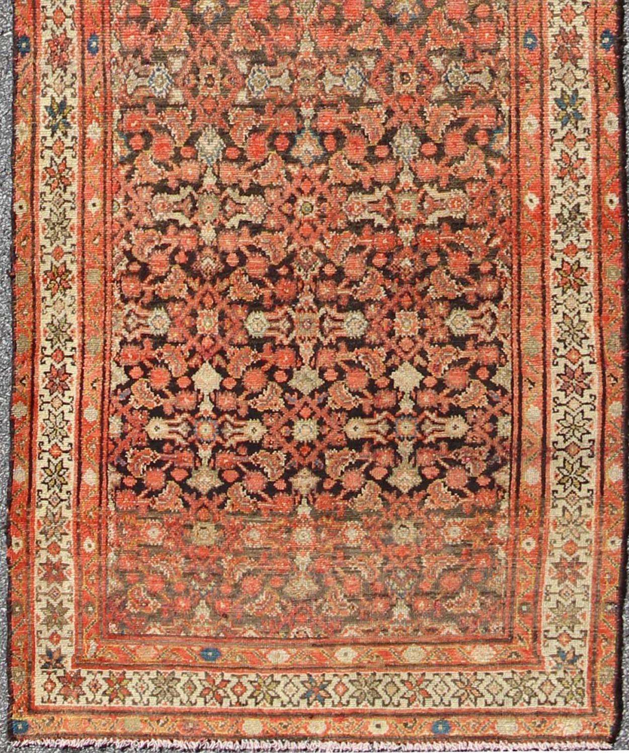 Hand-Knotted Antique Early 20th Century Persian Herati Design Malayer Runner in Brown & Rust For Sale