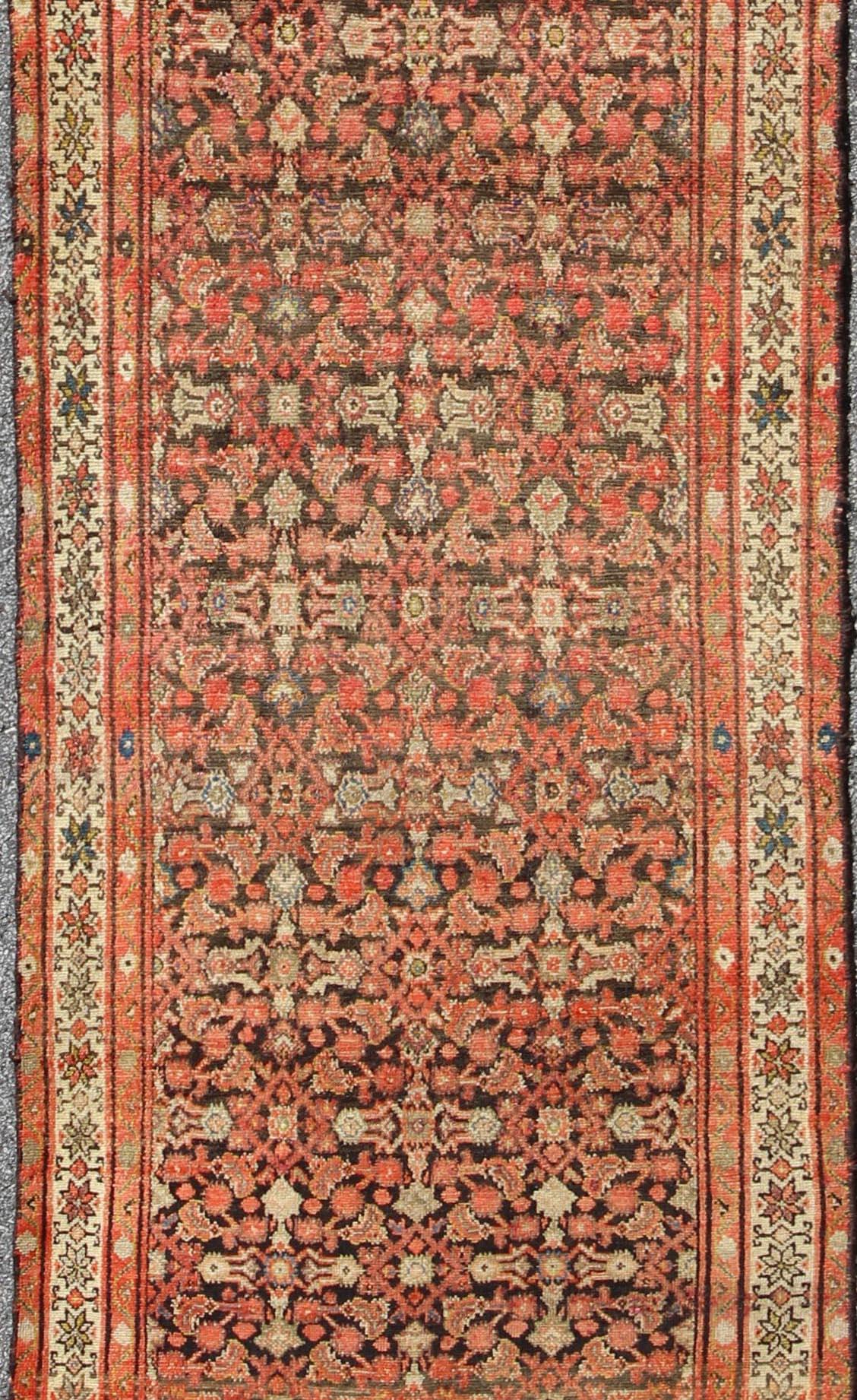 Antique Early 20th Century Persian Herati Design Malayer Runner in Brown & Rust In Good Condition For Sale In Atlanta, GA