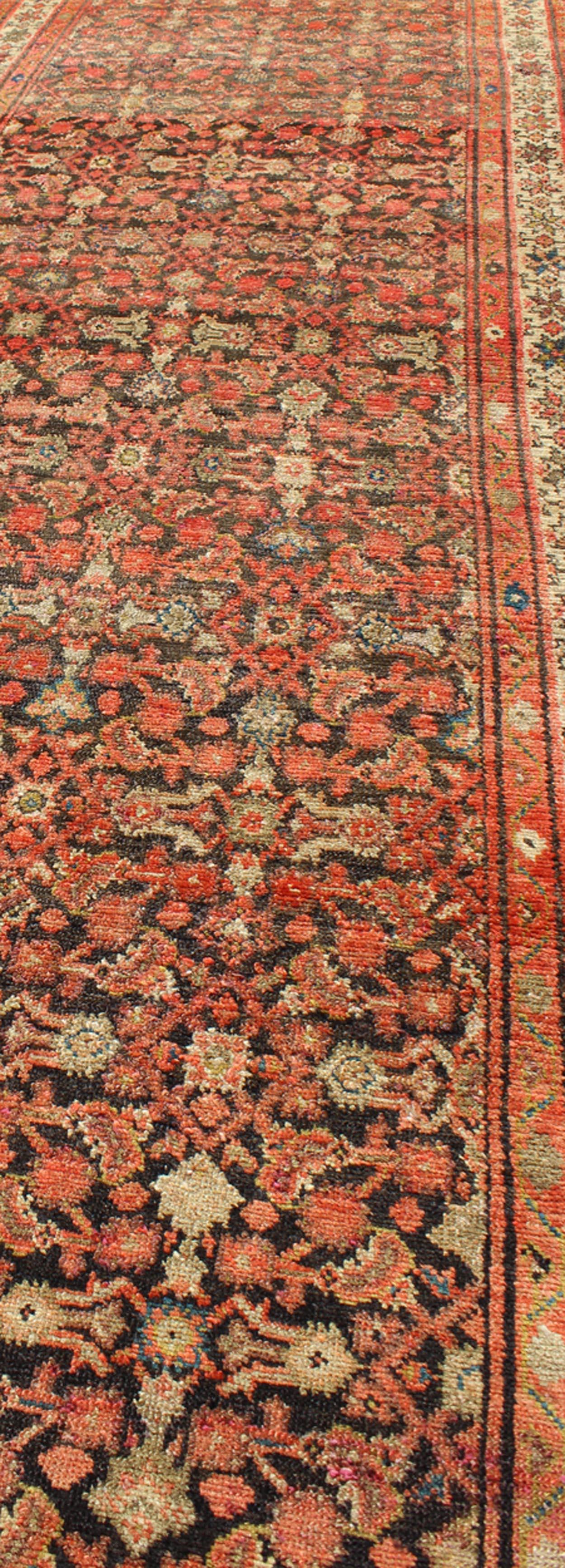 Antique Early 20th Century Persian Herati Design Malayer Runner in Brown & Rust For Sale 2