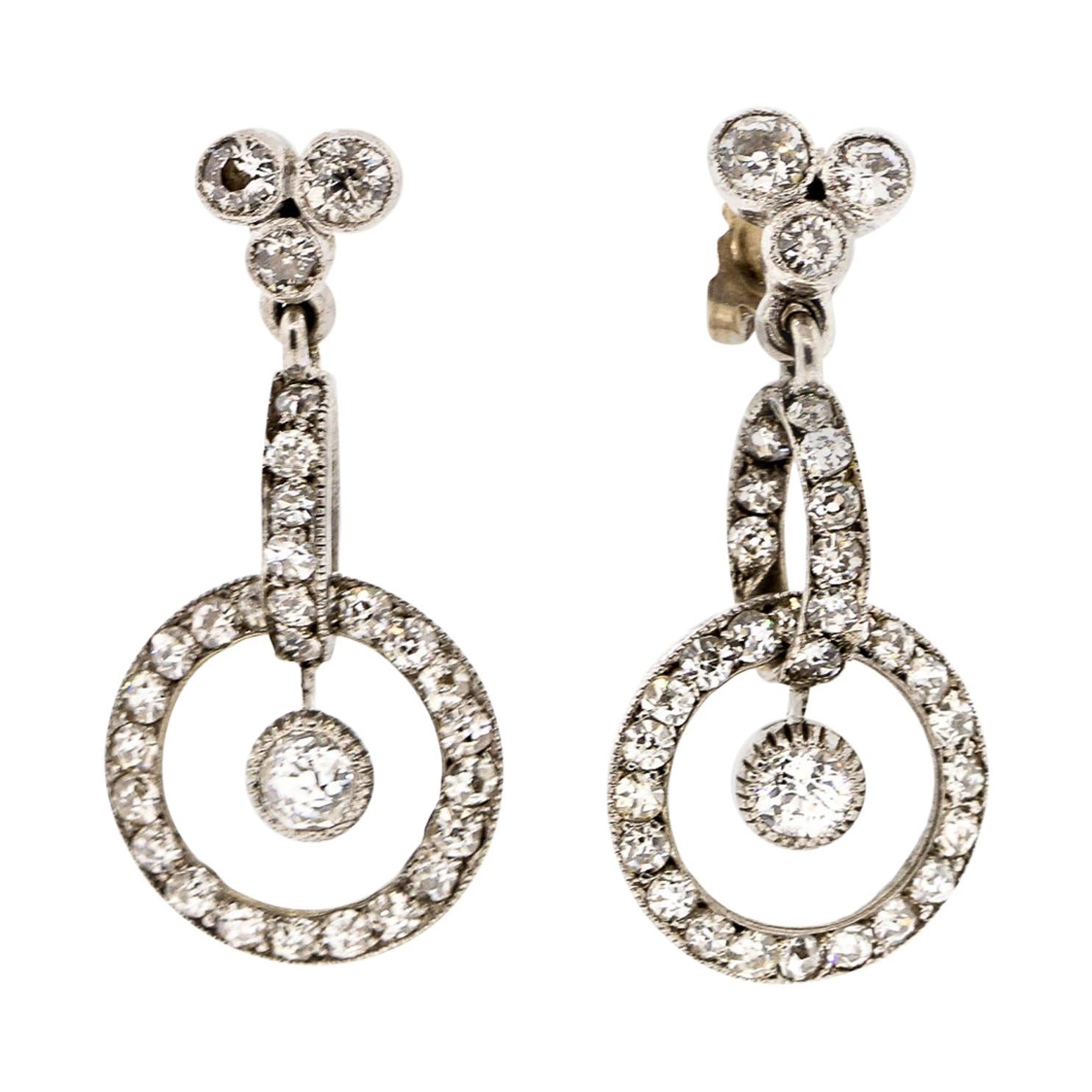 Antique Early 20th Century Platinum Diamond Pendant Earrings For Sale