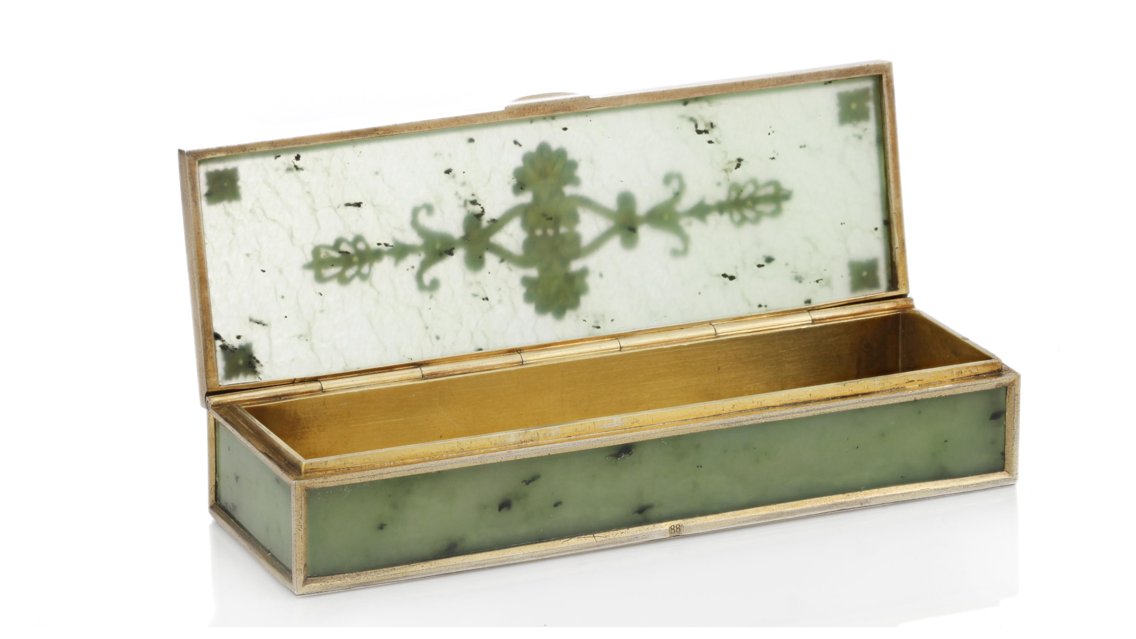 Late 19th Century Antique Early 20th Century Russian Faberge Solid Silver-Gilt & Nephrite Box 1899
