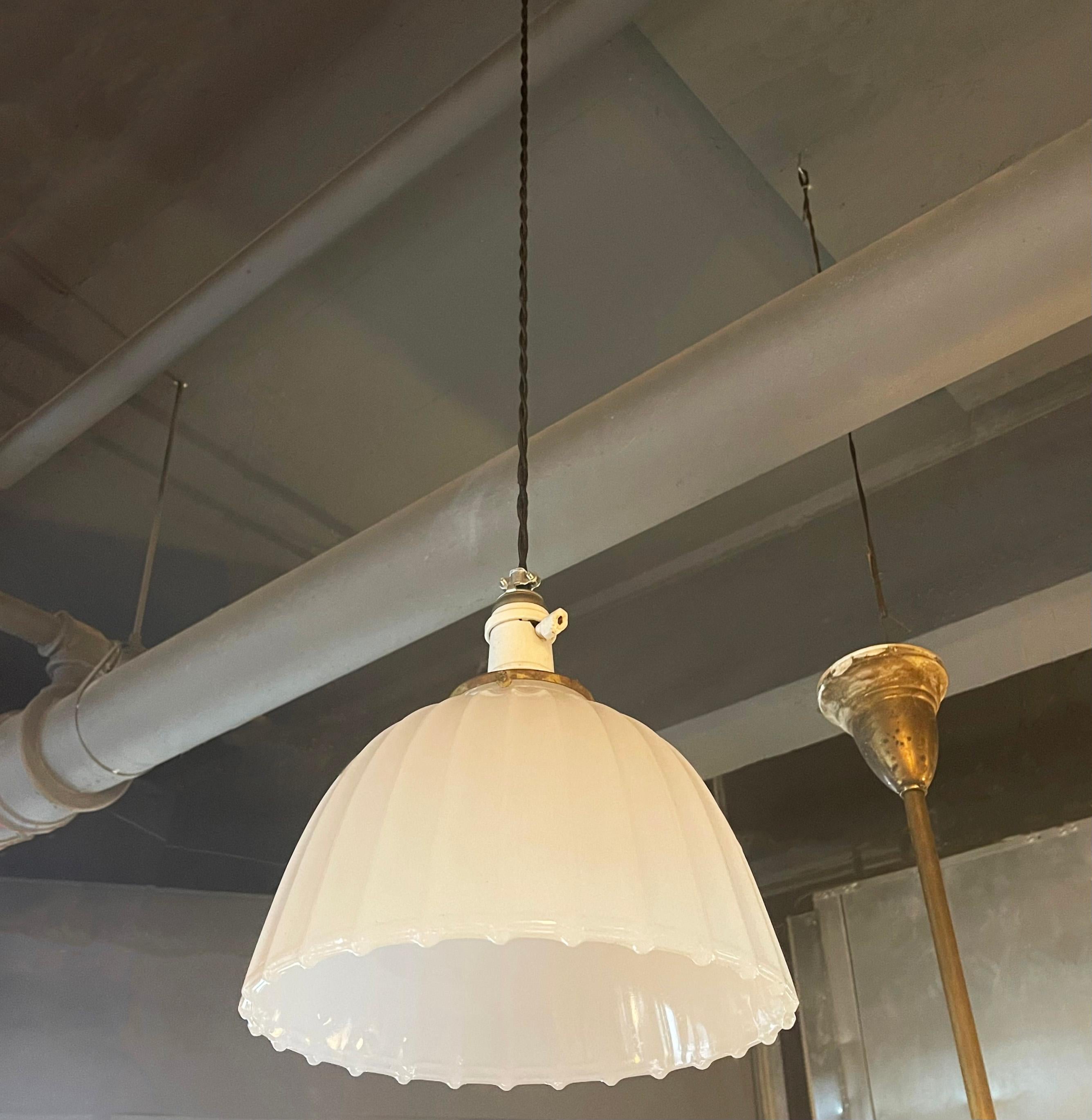 Industrial Antique Early 20th Century Scalloped Milk Glass Dome Pendant Light For Sale