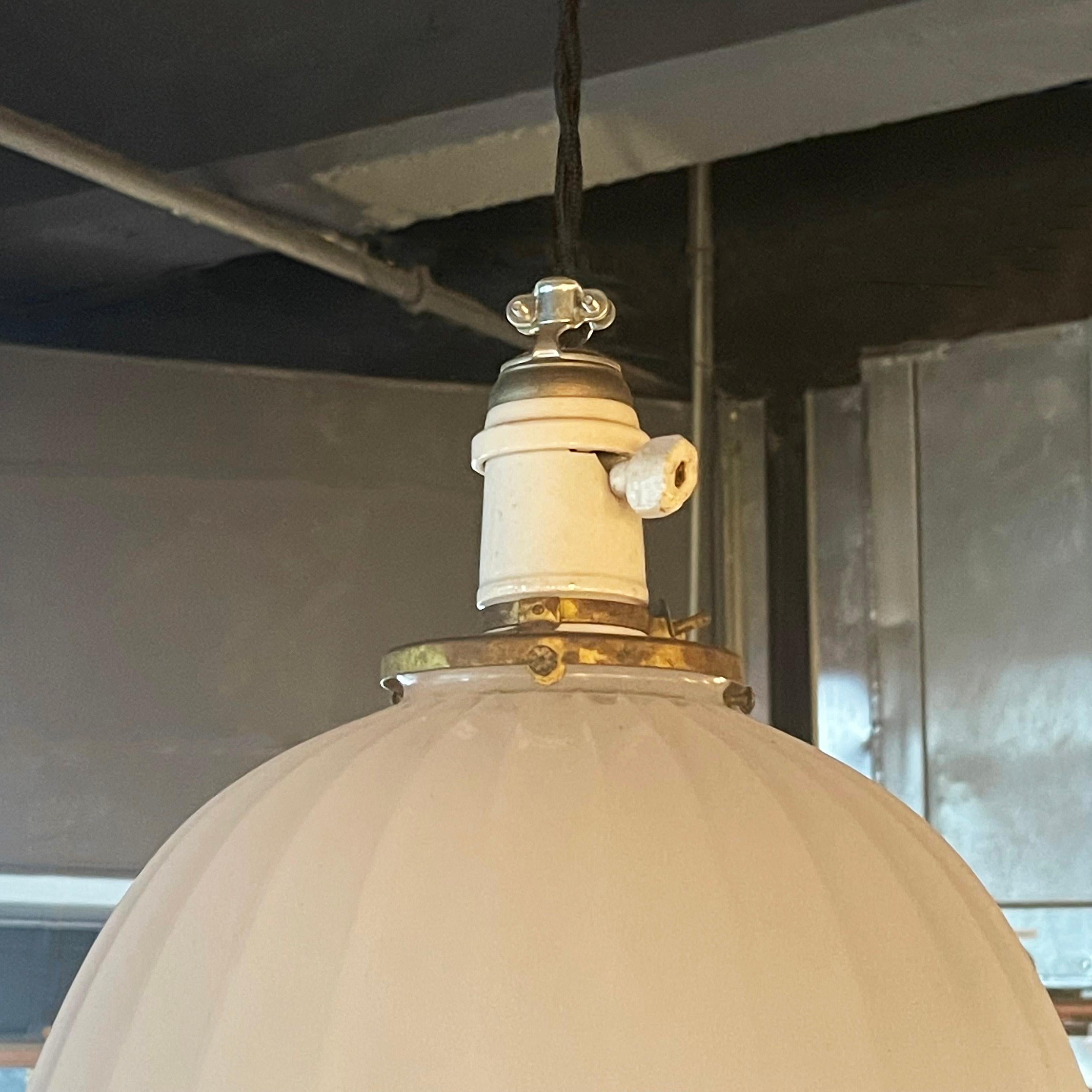 Antique Early 20th Century Scalloped Milk Glass Dome Pendant Light In Good Condition For Sale In Brooklyn, NY