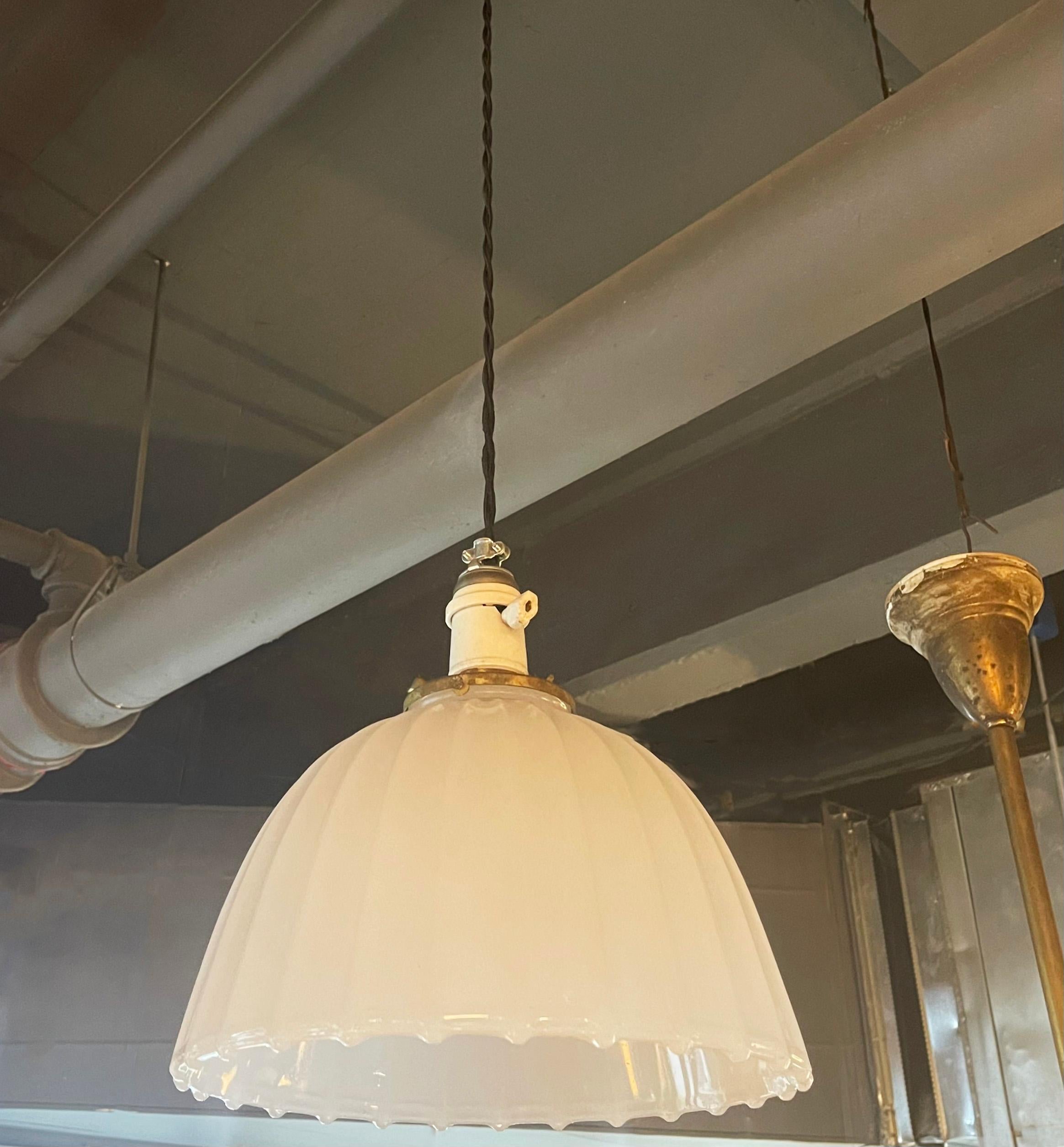 Antique Early 20th Century Scalloped Milk Glass Dome Pendant Light For Sale 1