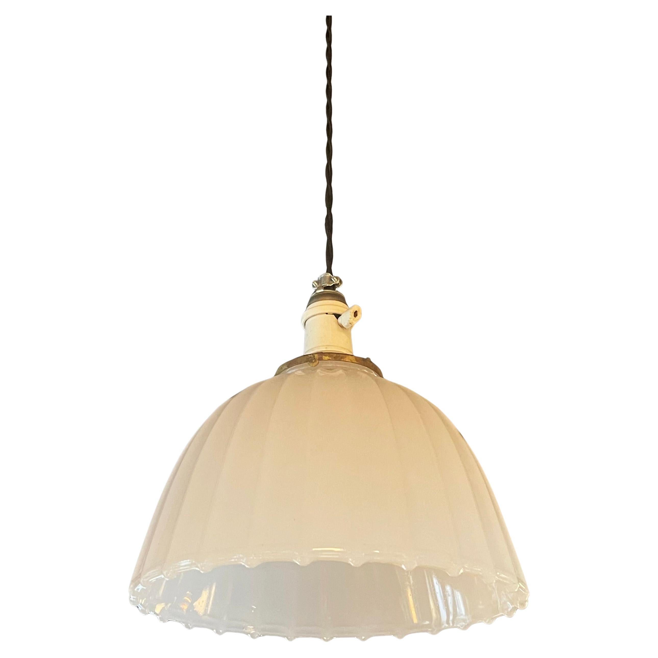 Antique Early 20th Century Scalloped Milk Glass Dome Pendant Light