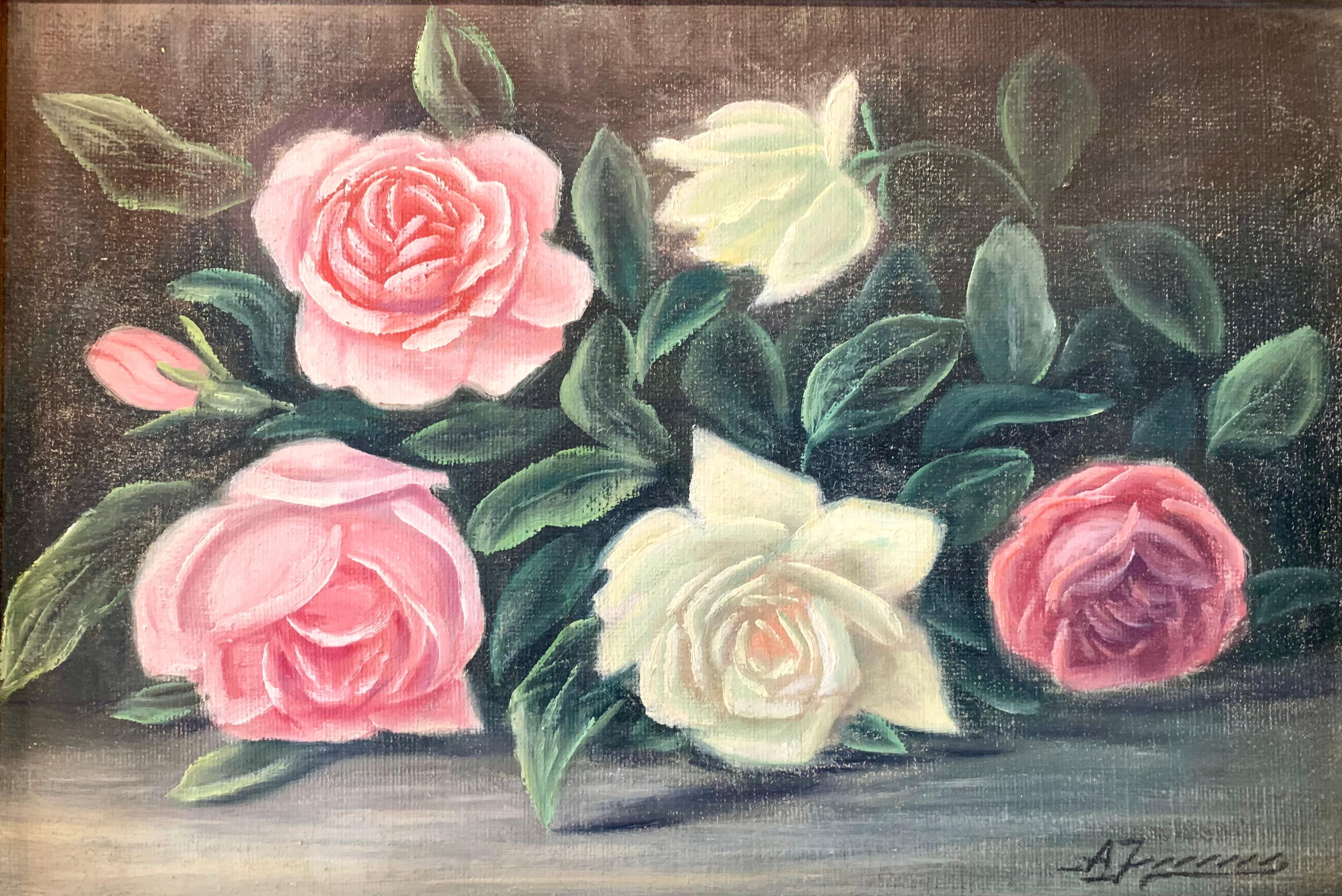 This is an original antique oil on canvas still life flower painting. The motive is a bouquet of flowers in clear red and white nuances. The flowers are are contrasted by a dimly lit background and immersed in the green leaves of the bouquet. The