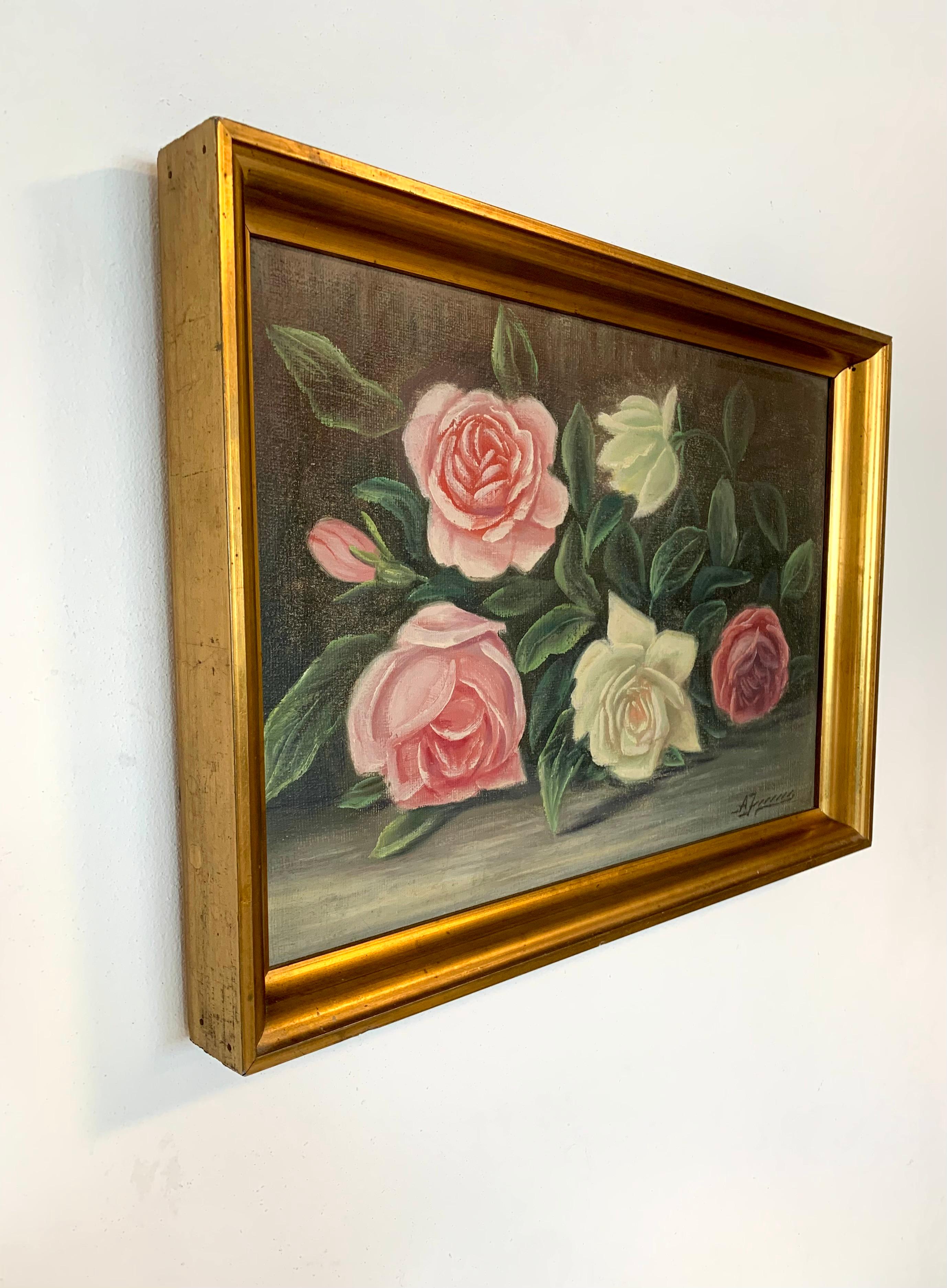 Romantic Antique early 20th century signed still life painting of red and white flowers For Sale