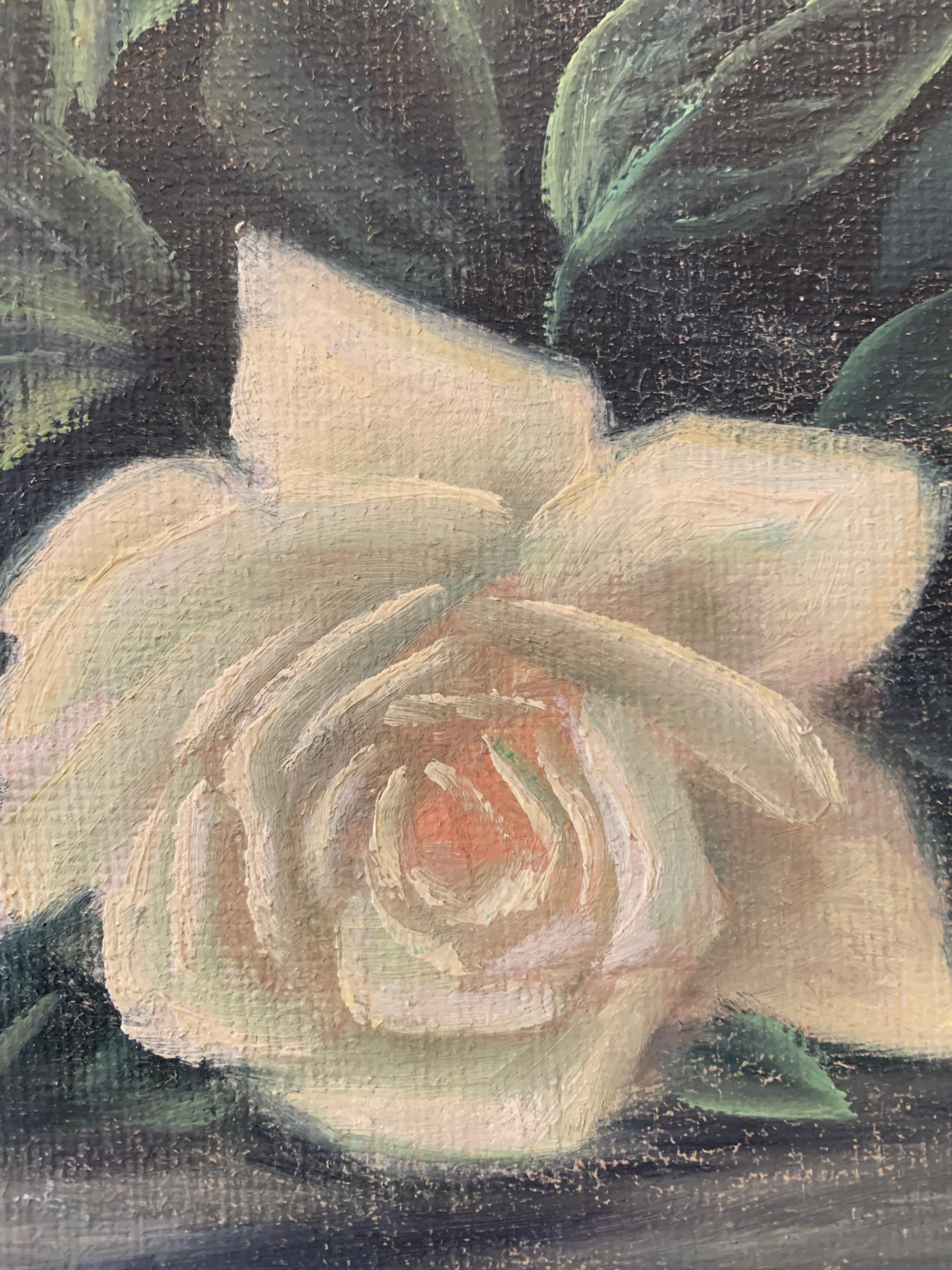 Painted Antique early 20th century signed still life painting of red and white flowers For Sale